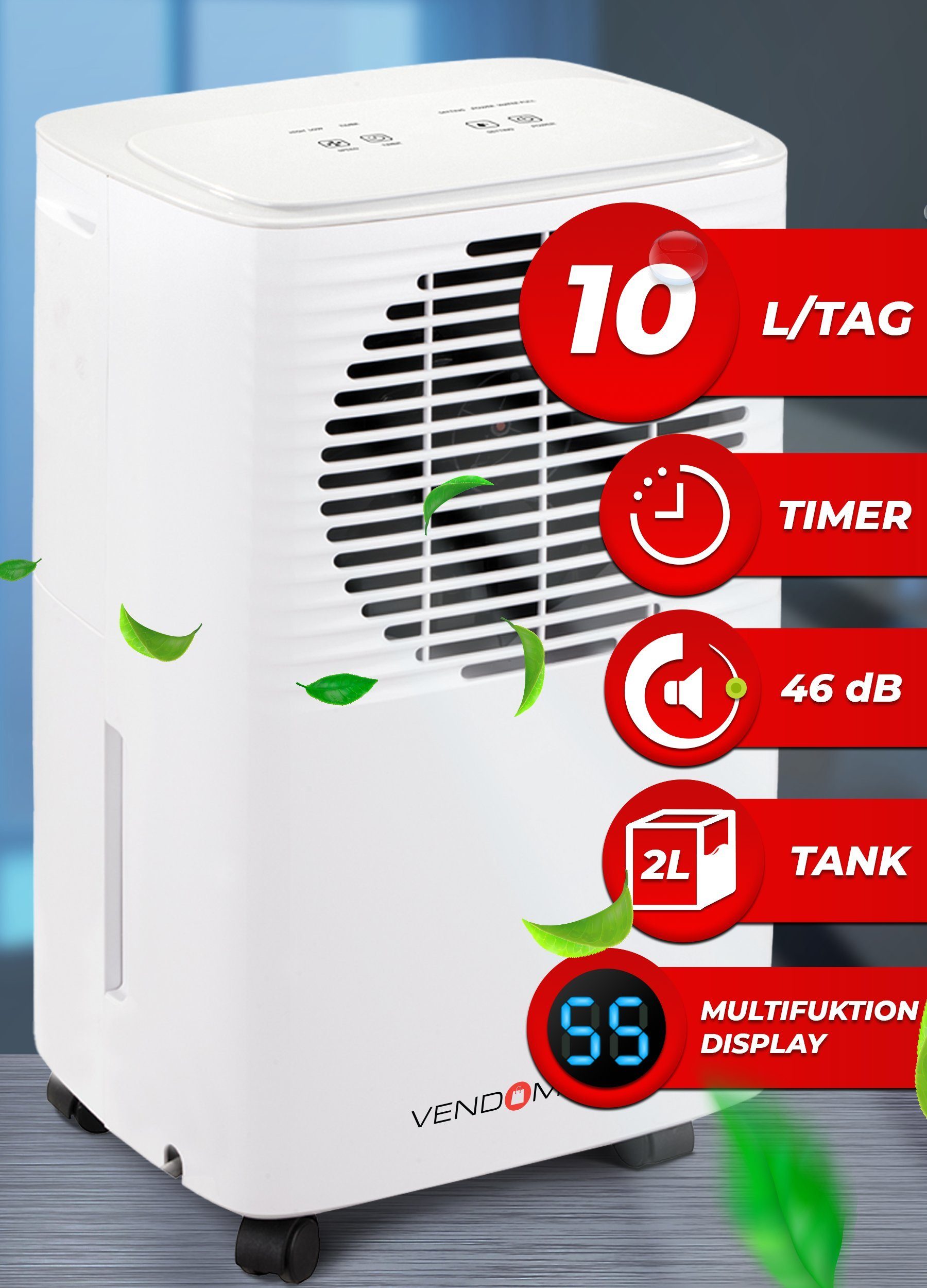VENDOMNIA Luftreiniger Luftentfeuchter - 10L / Tag, für 15 m² Räume, elektrisch, Digitalanzeige, Entfeuchtungsgerät, Raumentfeuchtungsgerät