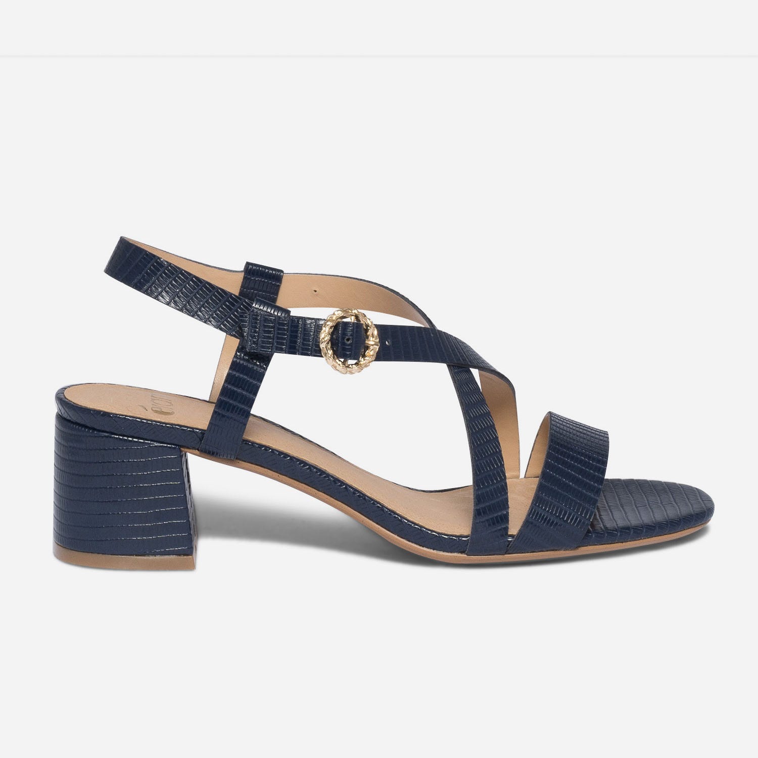 Sandale à talon marine en cuir embossé effet python