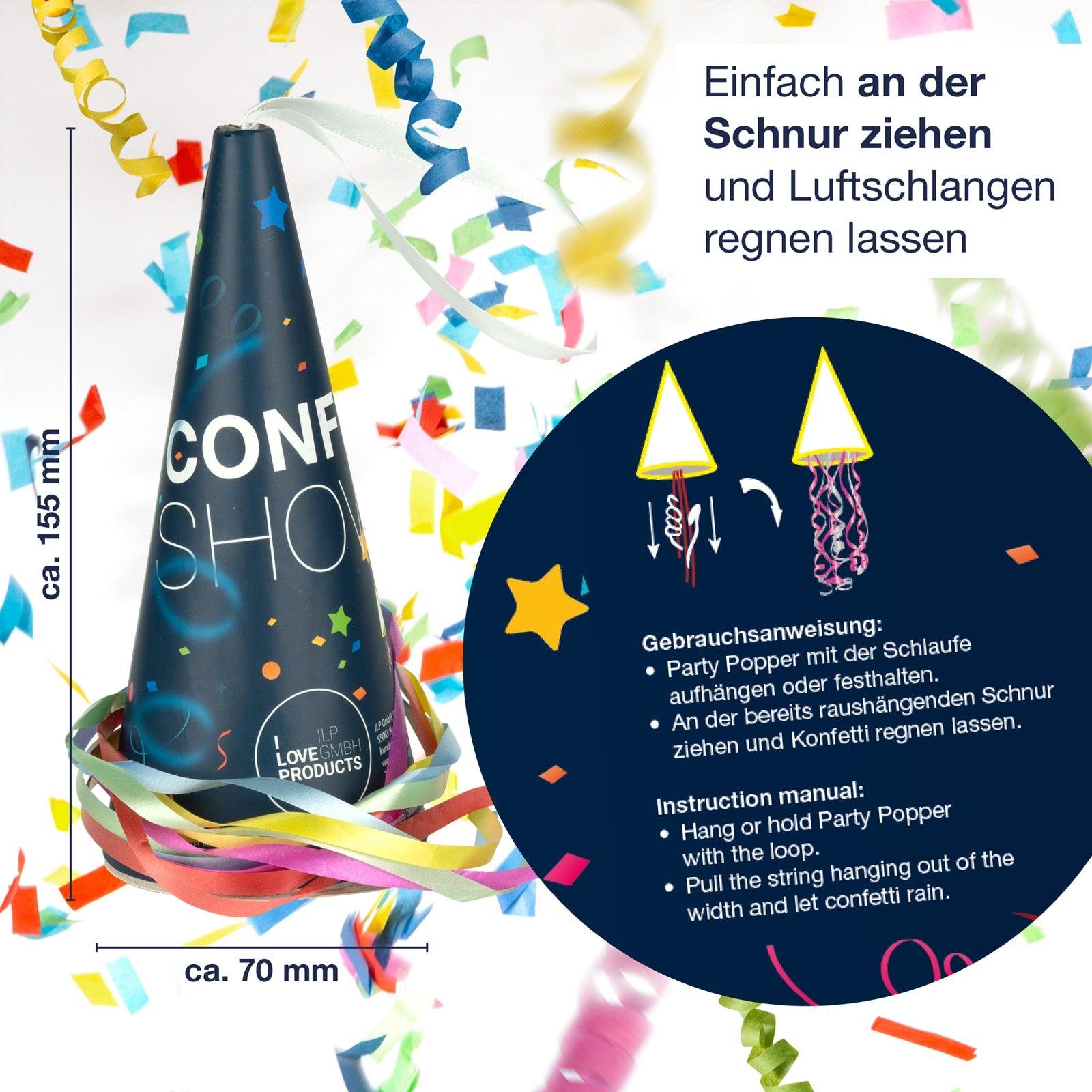 ILP Konfetti 6x Party Popper Hut, Konfettikanone ohne Knall - Bunter Partyspaß - 15,5 cm