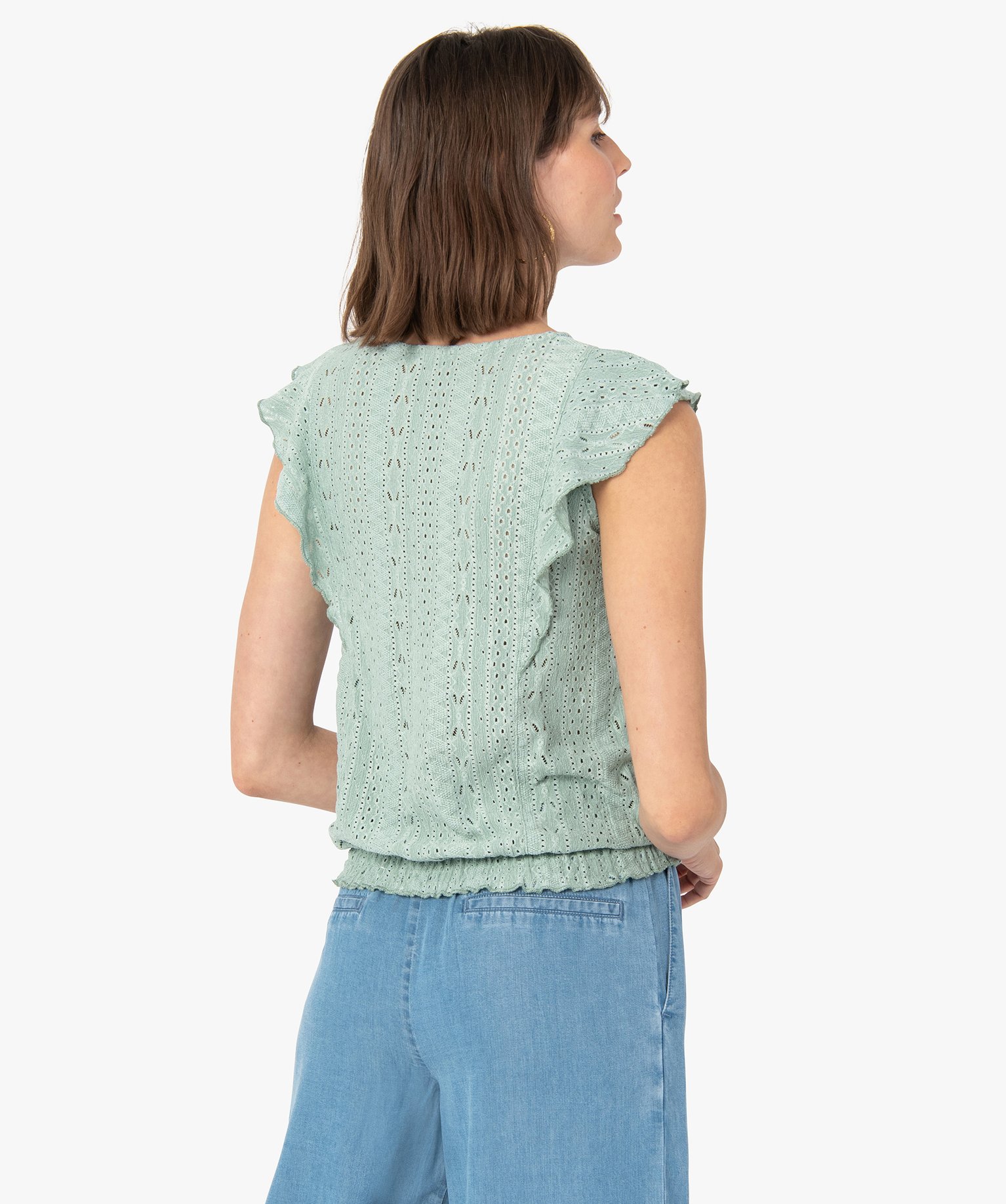 Tee-shirt femme à manches courtes en maille ajourée vert | GEMO