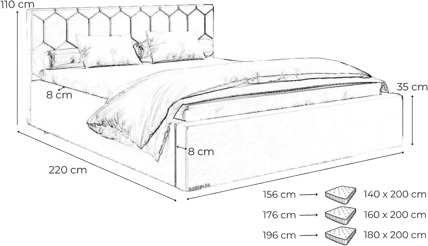 MOEBLO Polsterbett Bett 02 (Double Doppelbett mit Kopfstütze, Rahmenbettgestell, mit Bettkasten und Lattenrost), gepolstertes Kopfteil