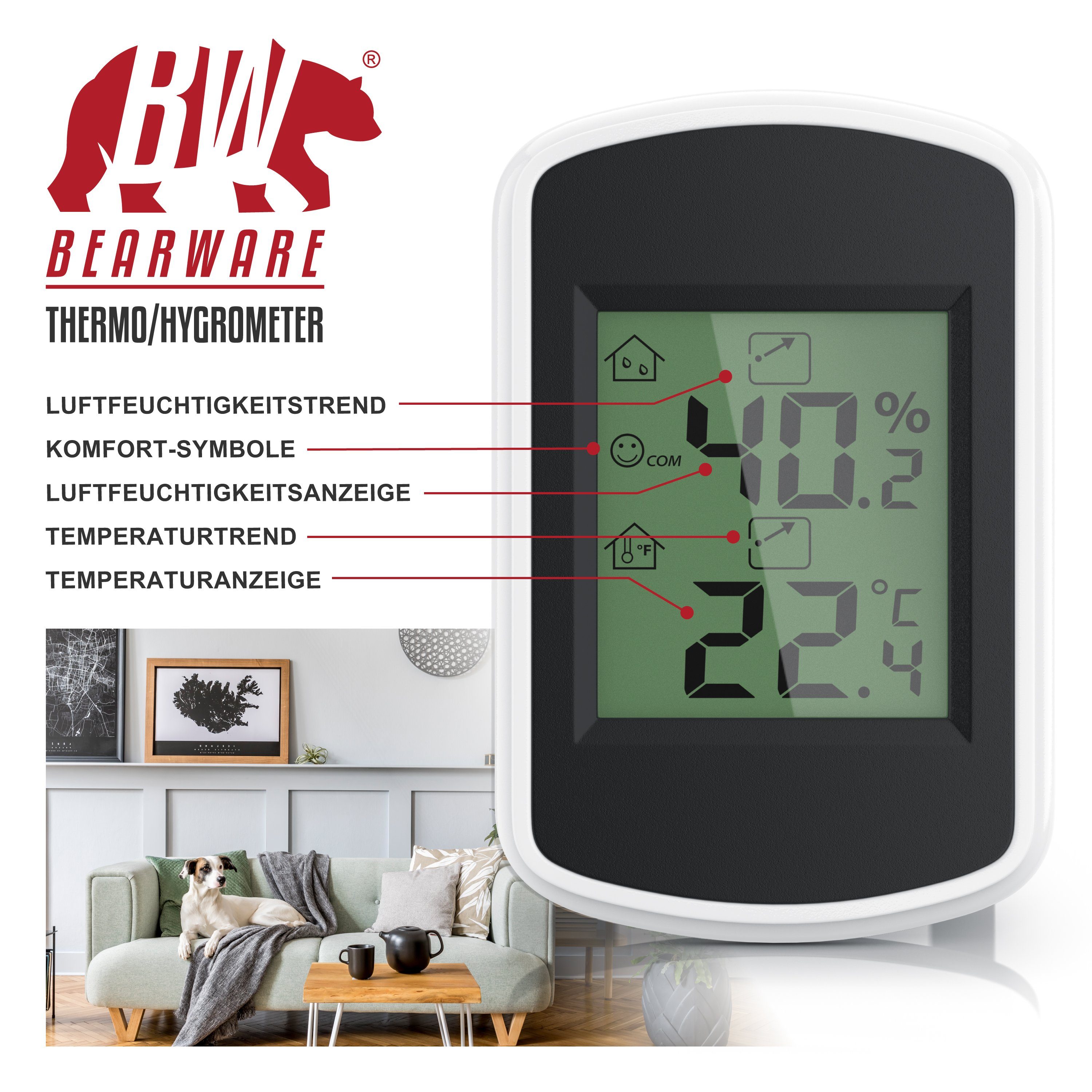 BEARWARE Innenwetterstation (Haltemagneten, Thermometer Hygrometer, Temperatur und Luftfeuchtigkeit Messgerät)