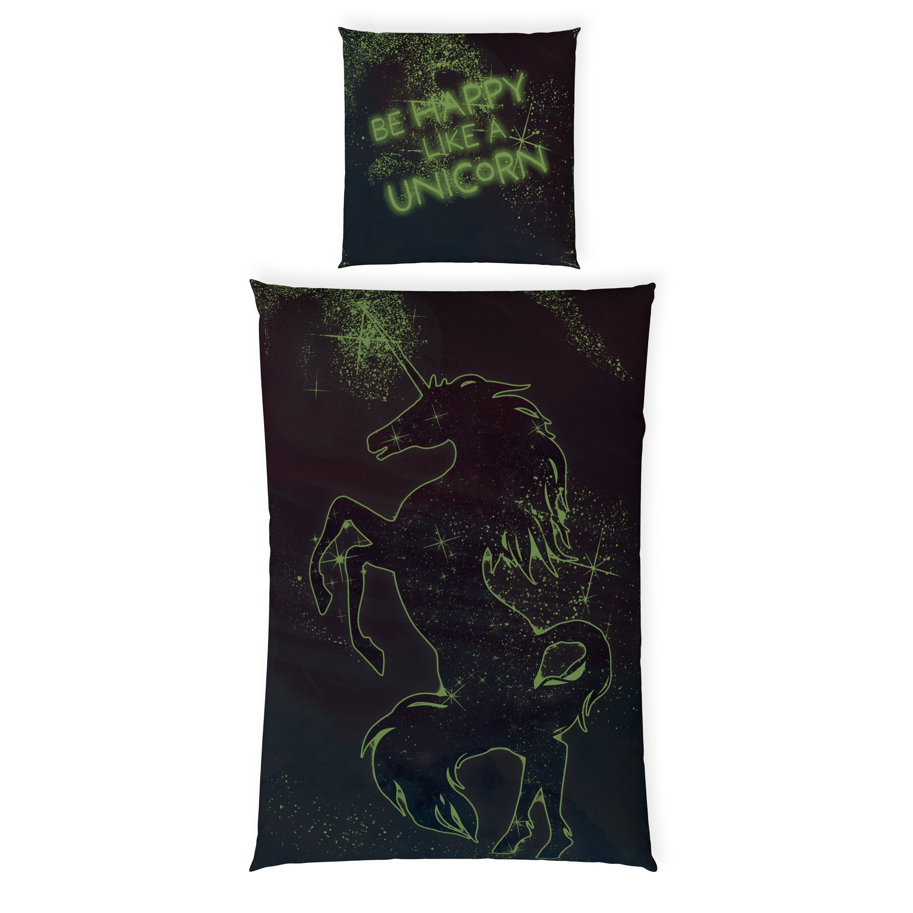 Kinderbettwäsche Leuchtende Bettwäsche 135x200 Unicorn Bettwäsche Kinder + 10 SPIELE, Carpe Sonno, Baumwolle, 2 teilig, GLOW IN THE DARK Einhorn Bettwäsche Mädchen