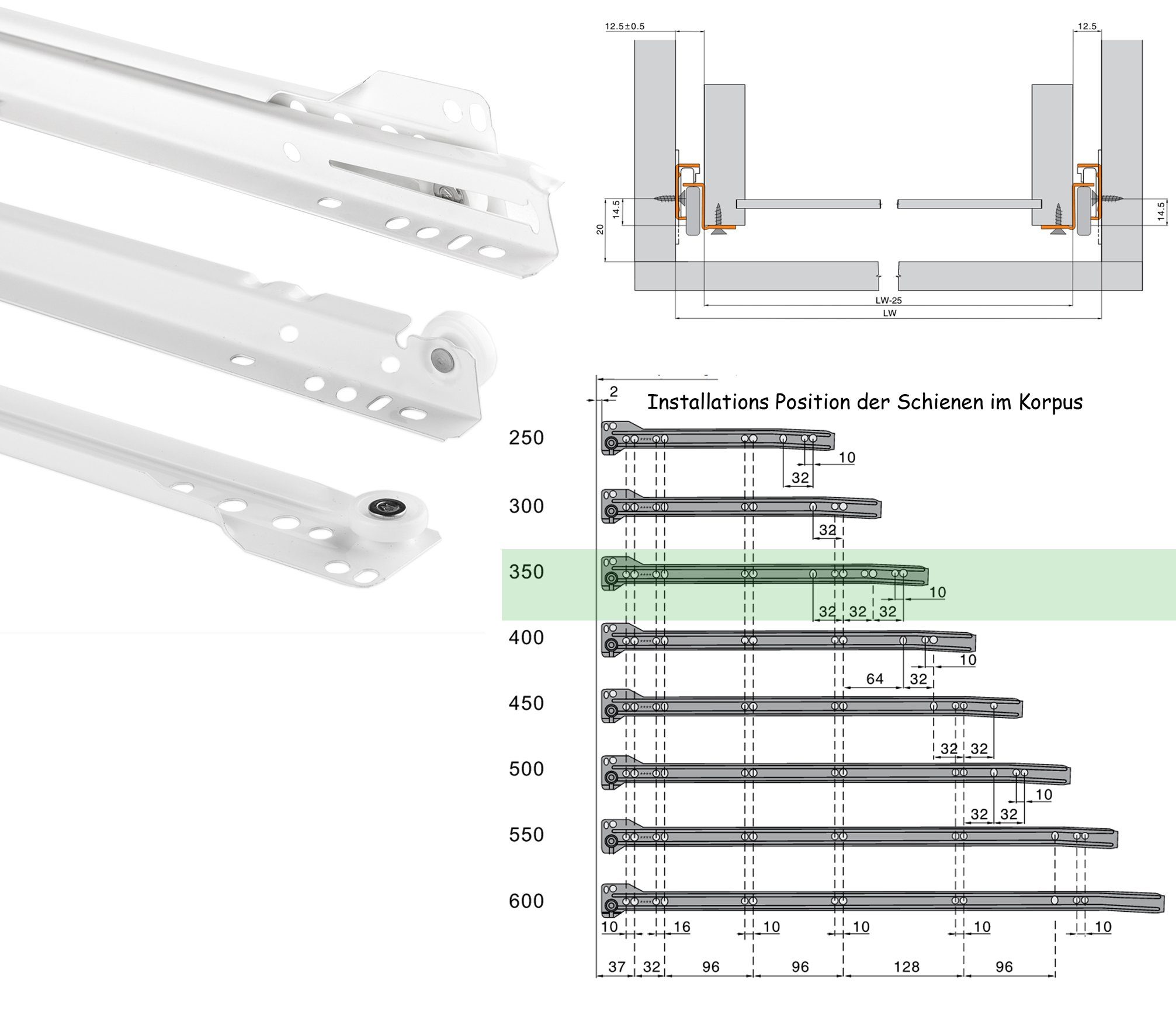 BigDean Auszug 1 Paar Schubladenschienen 350mm Schubladenauszug weiß Schienen