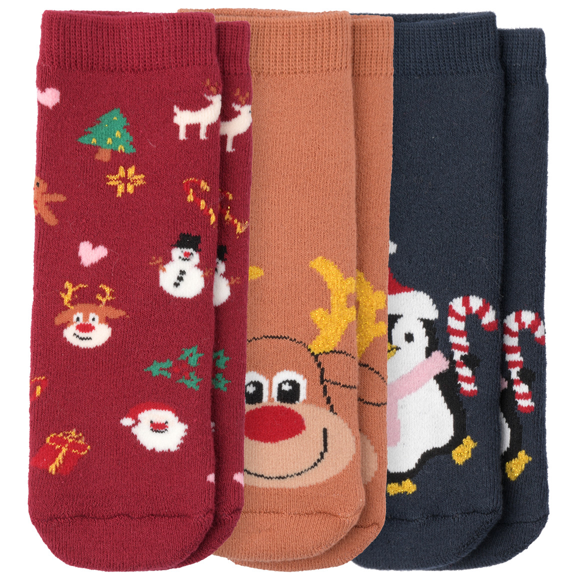 3 Paar Baby Weihnachtssocken im Set hellbraun / dunkelrot / dunkelblau