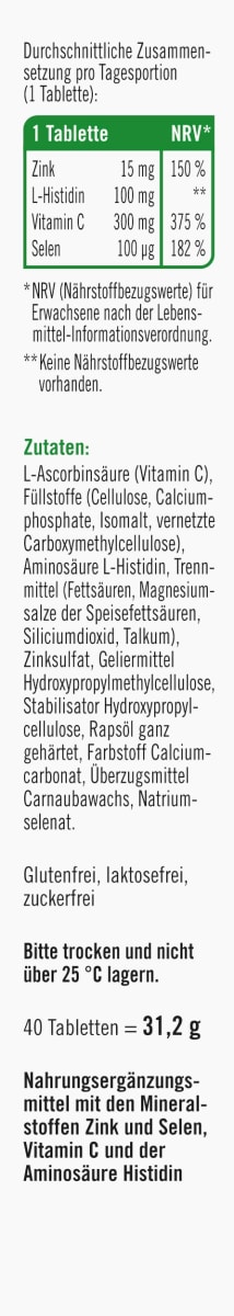 Zink+ Histidin + Vitamin C + Selen Tabletten 40 St, 31,2 g