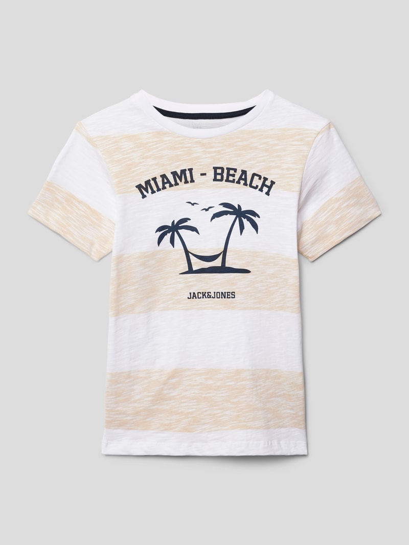 T-Shirt mit Streifenmuster Modell 'SUMMER' in hellgelb
