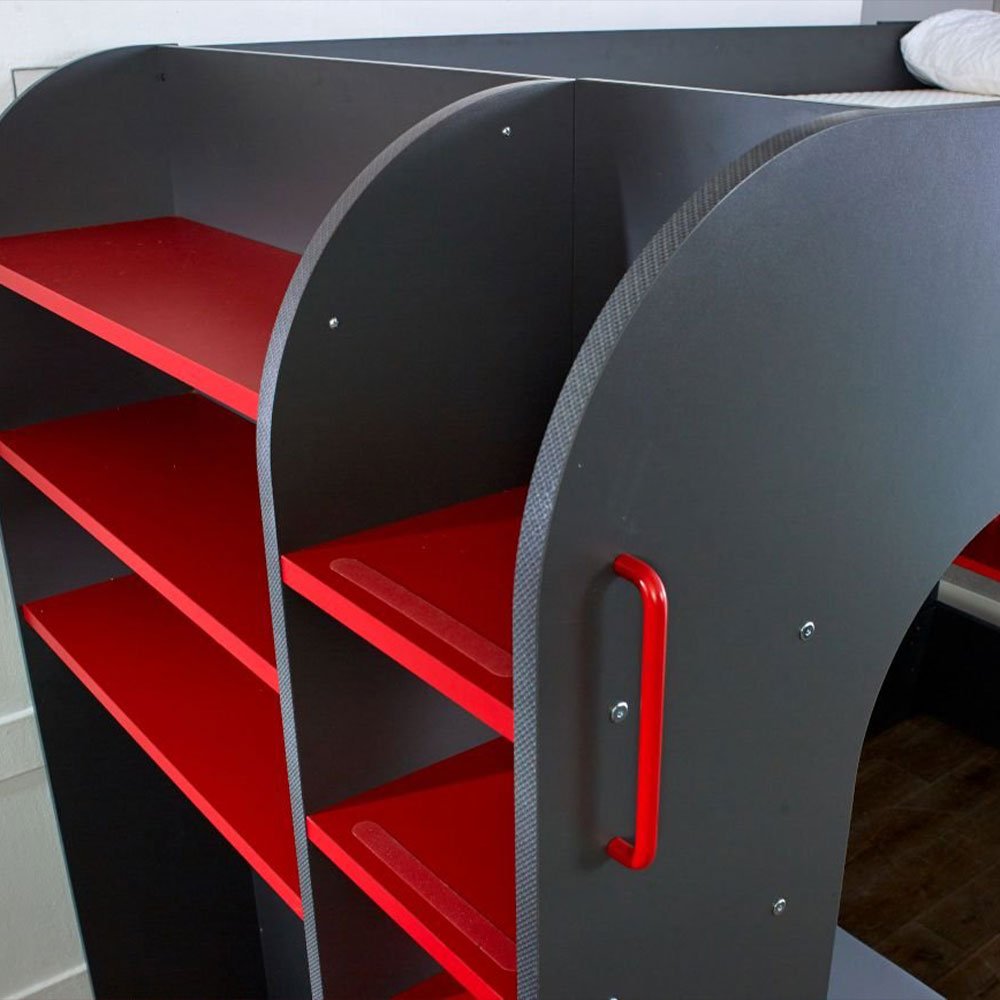 PodBed Grey and Red Gaming High Sleeper with Grey Sofa