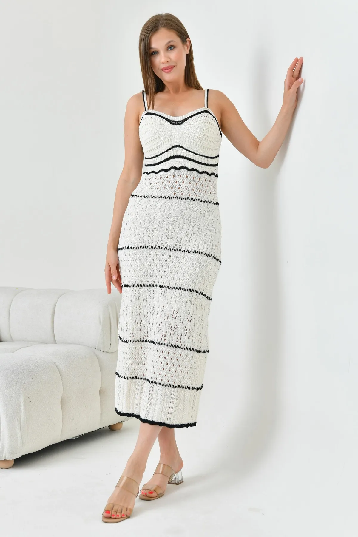 lovebox  Damen Strickwaren Strickstoff Dünne Träger Ungefüttert Midi Länge Häkeln Gestrickt Sommerkleid 1303