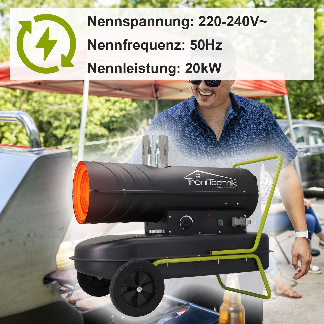 TroniTechnik TT-HK-244 Heizkanone Dieselkanone Heizlüfter 20kW mit Handgriff, Rohrrahmen, Rädern und Abluftauslass