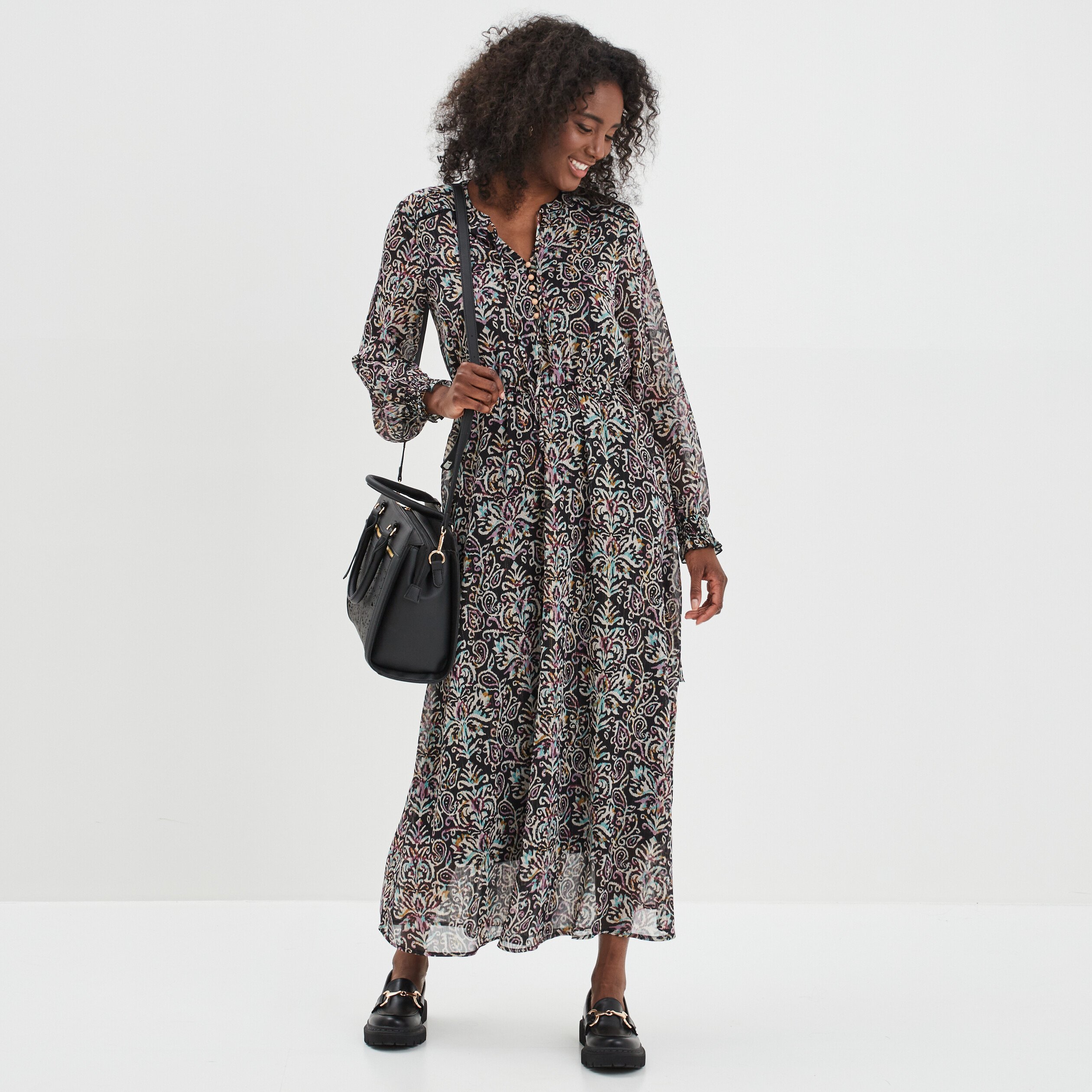 Robe longue taille smockée Liberto noir femme | La Halle