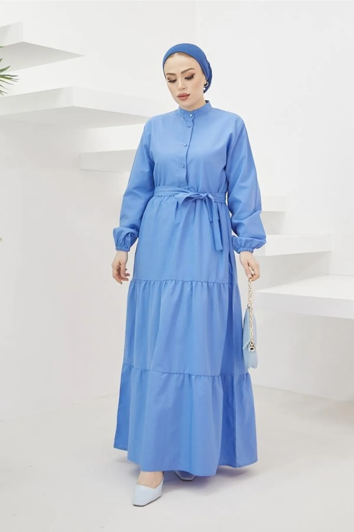 benguen  428 Prächtiges Hijab-Kleid mit Kragen und Knöpfen Blau