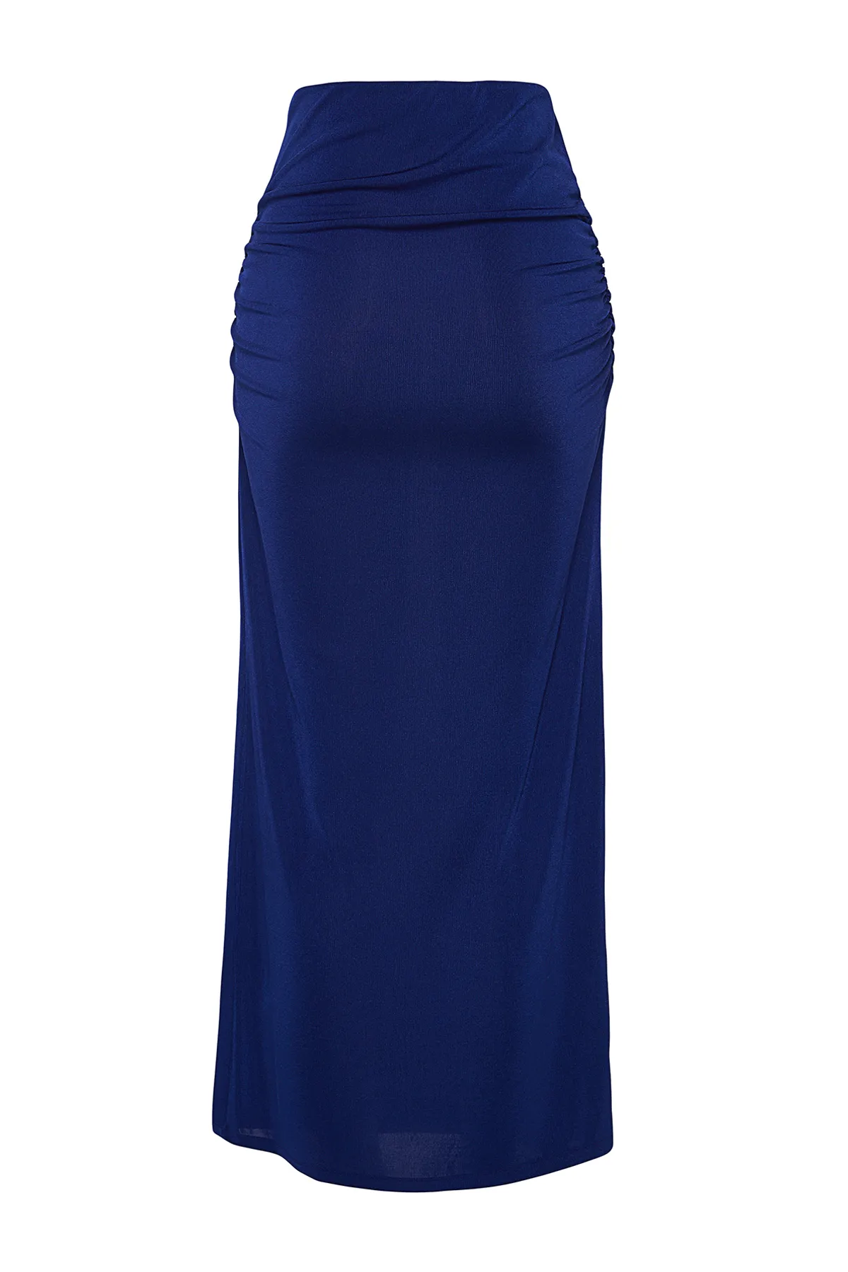 Trendyol Collection  Marineblauer, drapierter Maxi-Strickrock mit hochwertiger, glänzender Oberfläche und weicher Textur TWOAW24ET00090
