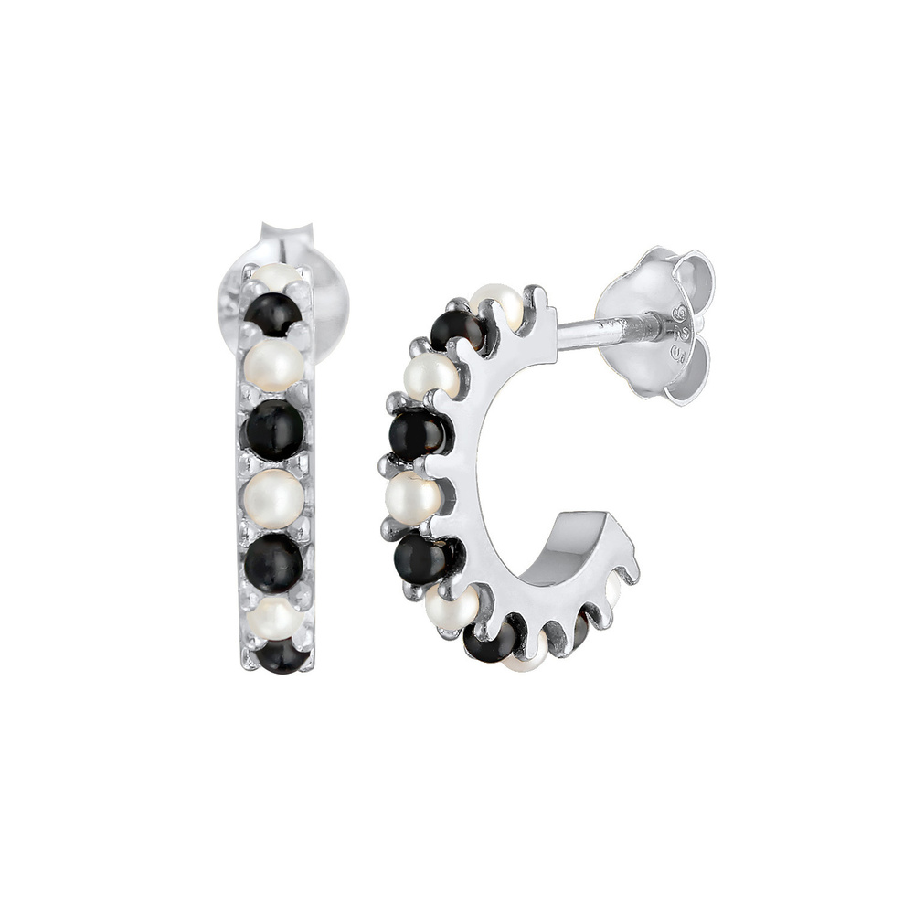 Elli Elli Boucles d'Oreilles Créoles Femme Perle Noir-Blanc Classique en argent sterli Boucles d'oreilles