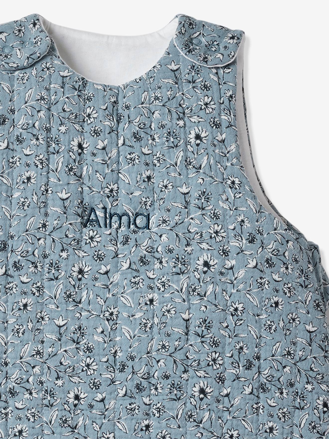 Vertbaudet Ärmelloser Baby Schlafsack INDIEN BLUME personalisierbar Oeko-Tex - blau bedruckt