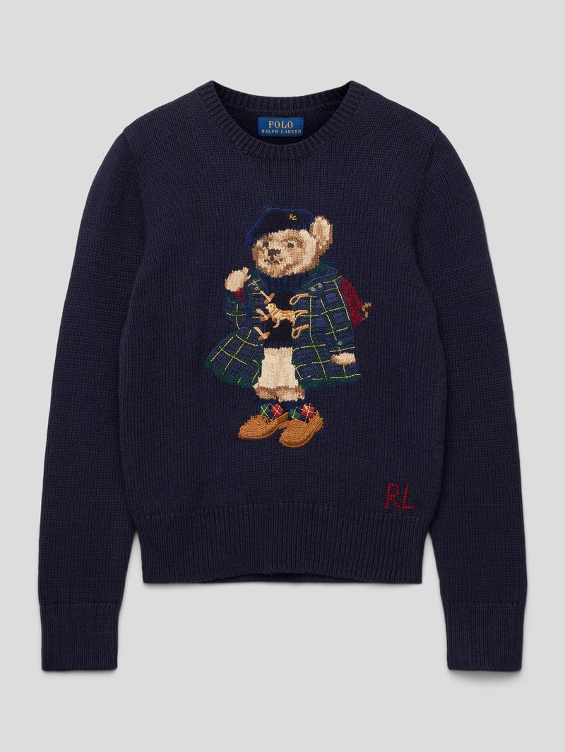 Strickpullover mti Motiv-Stitching Modell 'BEAR' in marineblau