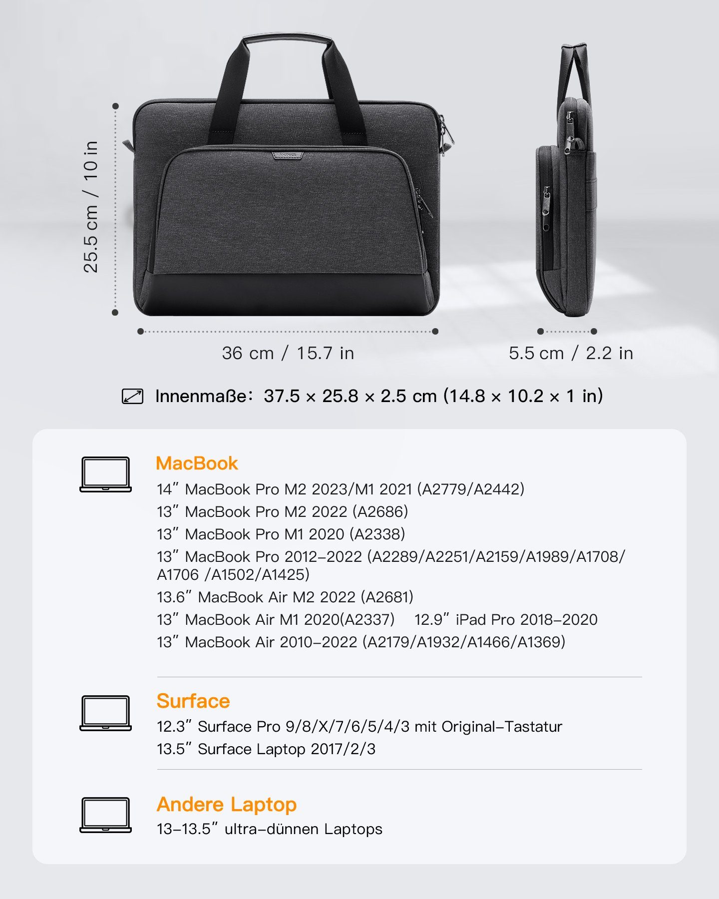 Inateck Laptoptasche 13-14 Zoll Laptop-Hülle kompatibel mit MacBook Air/Pro M3/M2/M1, mit abnehmbarem Schulterriemen