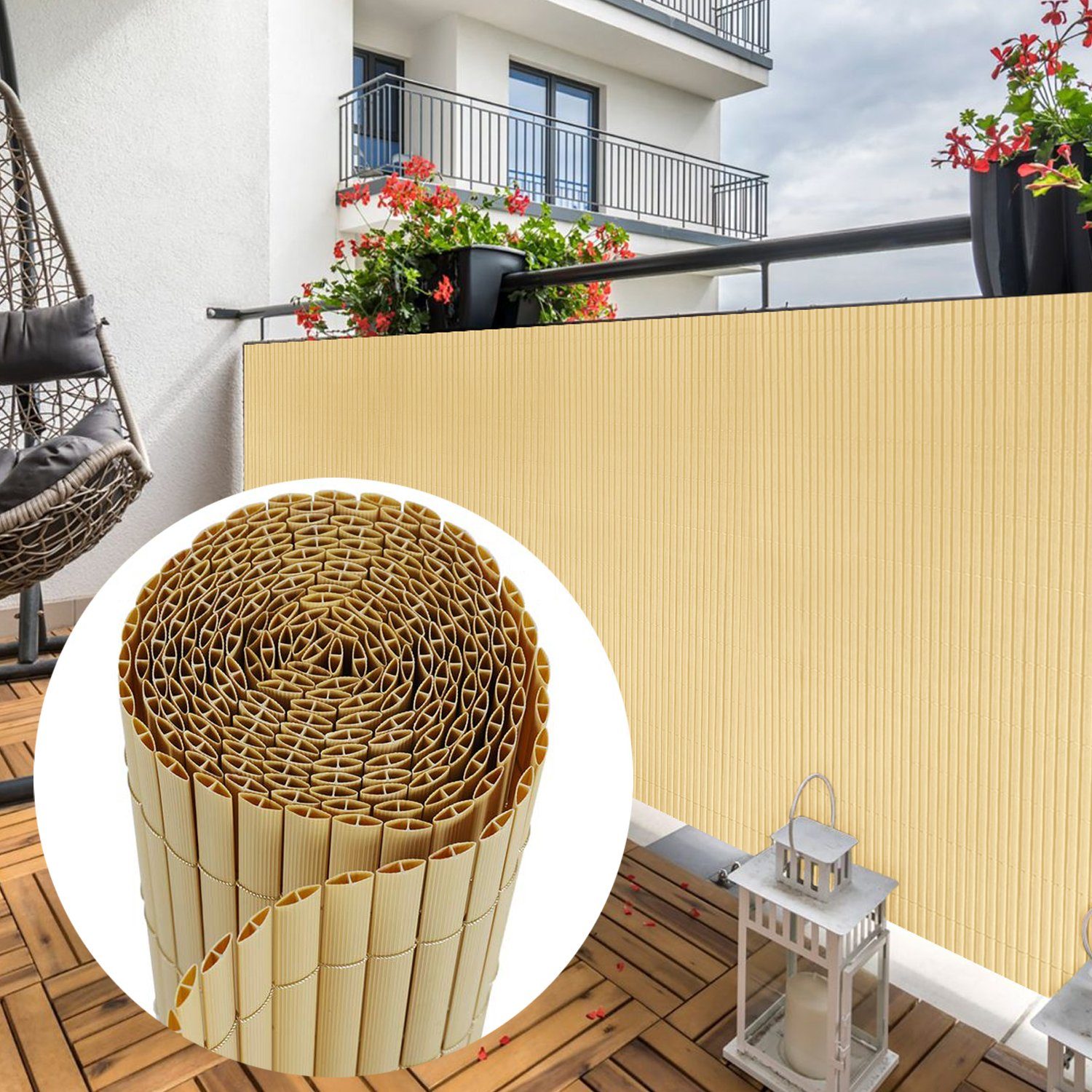 Sekey Balkonsichtschutz PVC Sichtschutzmatte Grau Bambus Sichtschutz Balkon ohne Bohren Zaun Sichtschutz, Windschutz, Sonnenschutz für Balkon, Garten, Terrasse