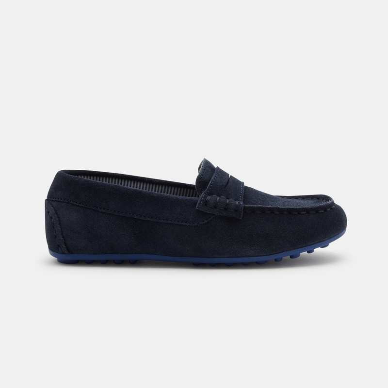 Mocassins croûte de cuir uni bleu garçon