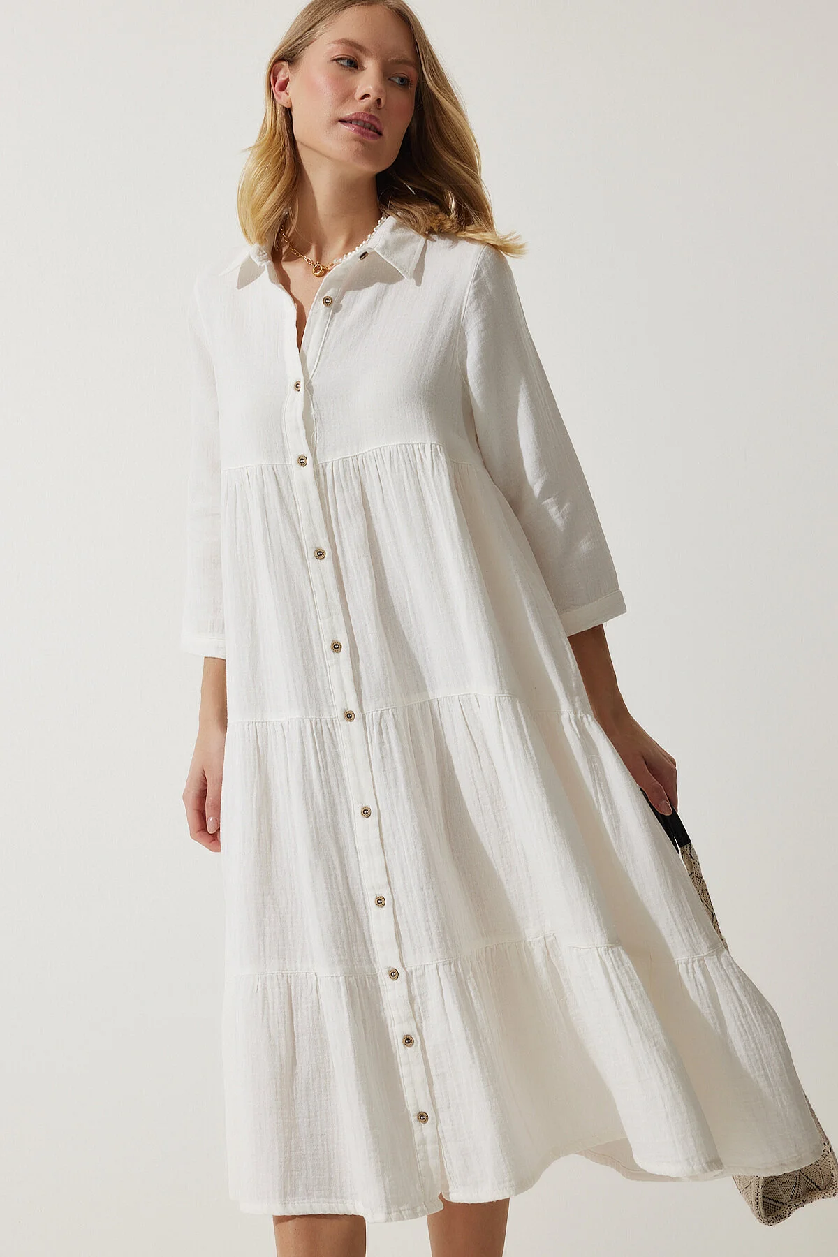 Happiness İstanbul  Ecrufarbenes ausgestelltes Musselin-Hemdkleid für Damen SA00024