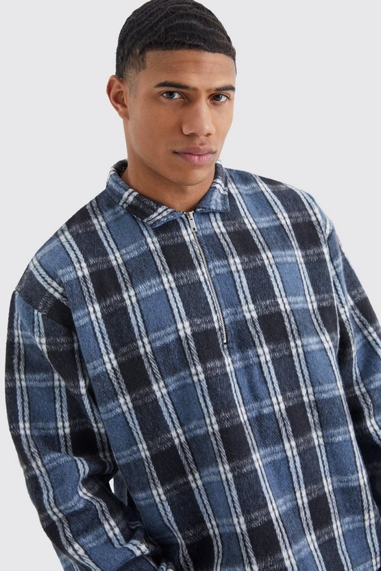 Kastiges kariertes Fleece-Overshirt mit Reißverschluss