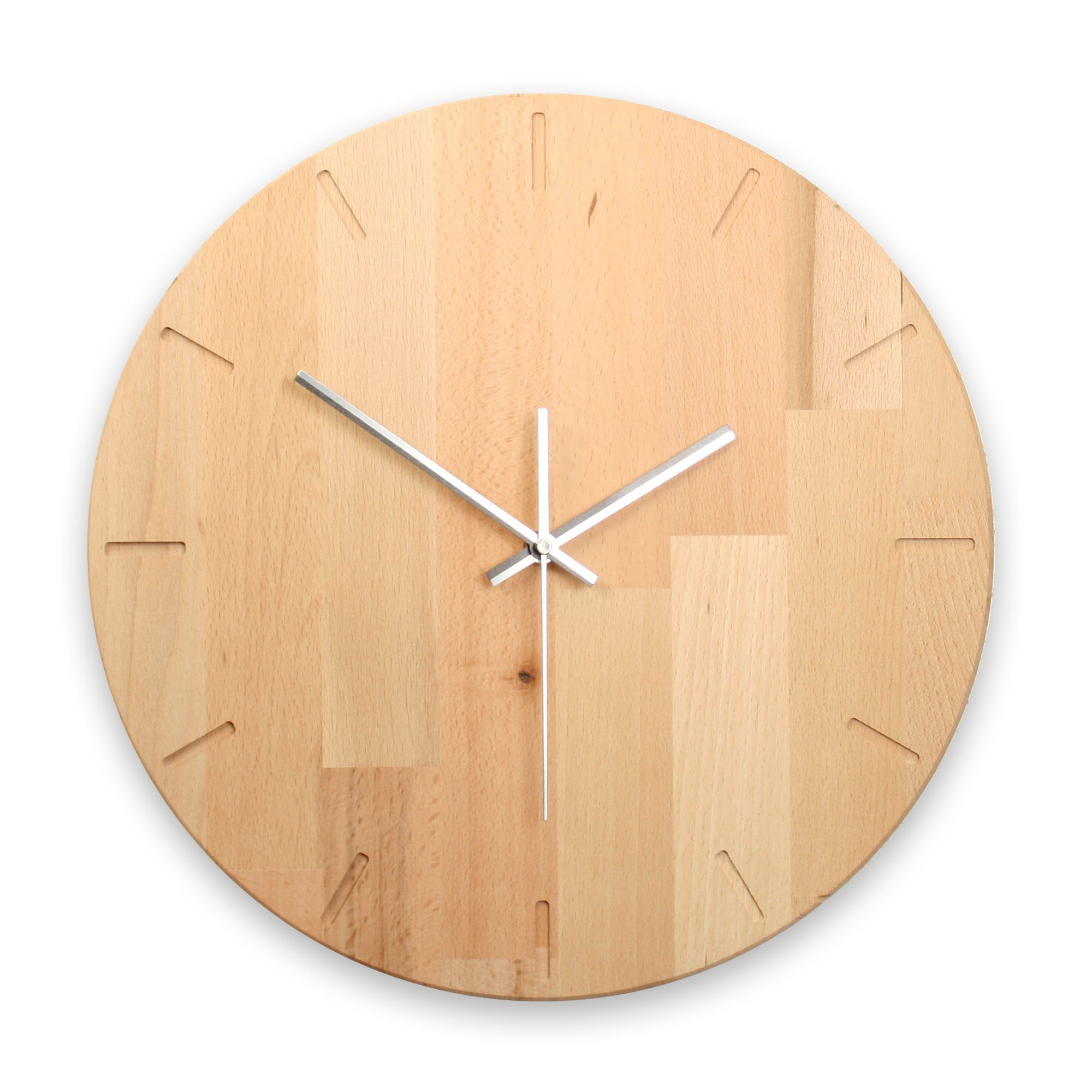 Kreative Feder Wanduhr Designer-Wanduhr aus natürlichem Massivholz (wahlweise Buche, Eiche oder Raucheiche; leises Funk- oder Quarzuhrwerk)