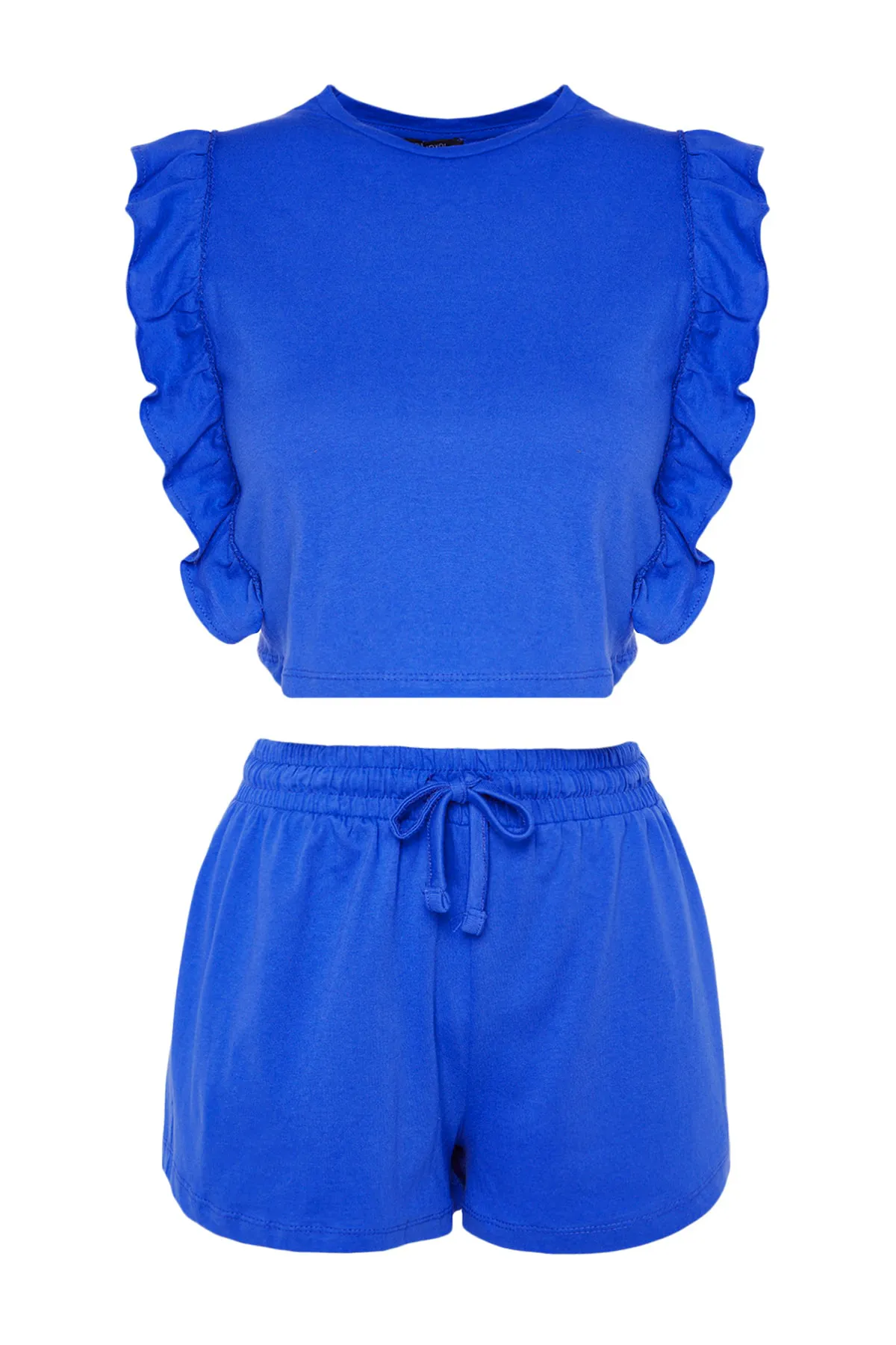 Trendyol Collection  Marineblaues Pyjama-Set aus T-Shirt und Shorts mit Rüschen, 100 % Baumwolle THMSS23PT00175