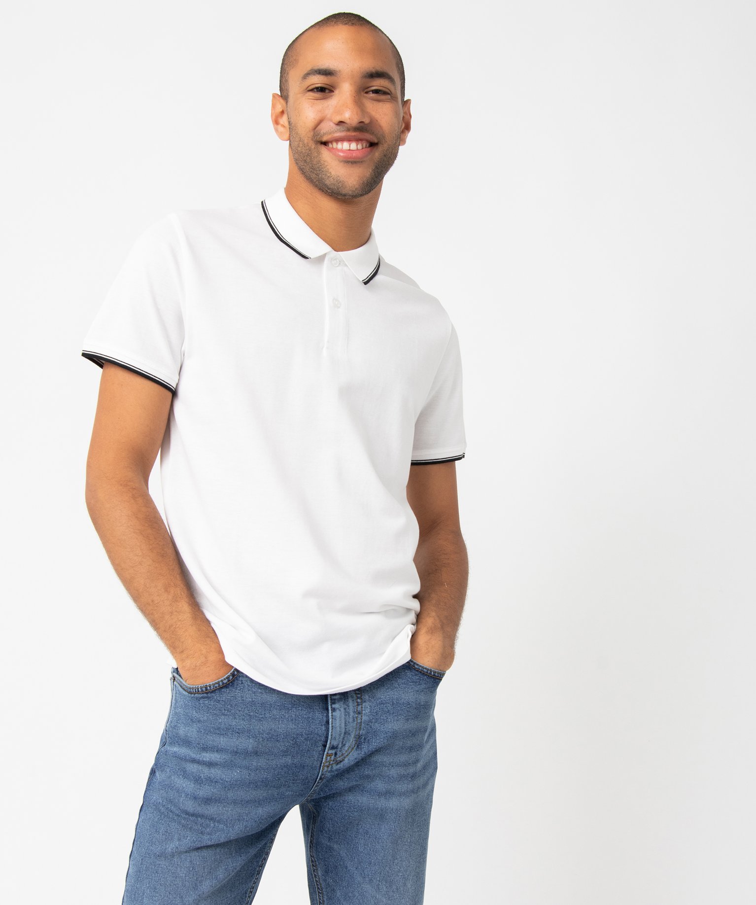 Polo homme à manches courtes et finitions contrastantes blanc | GEMO