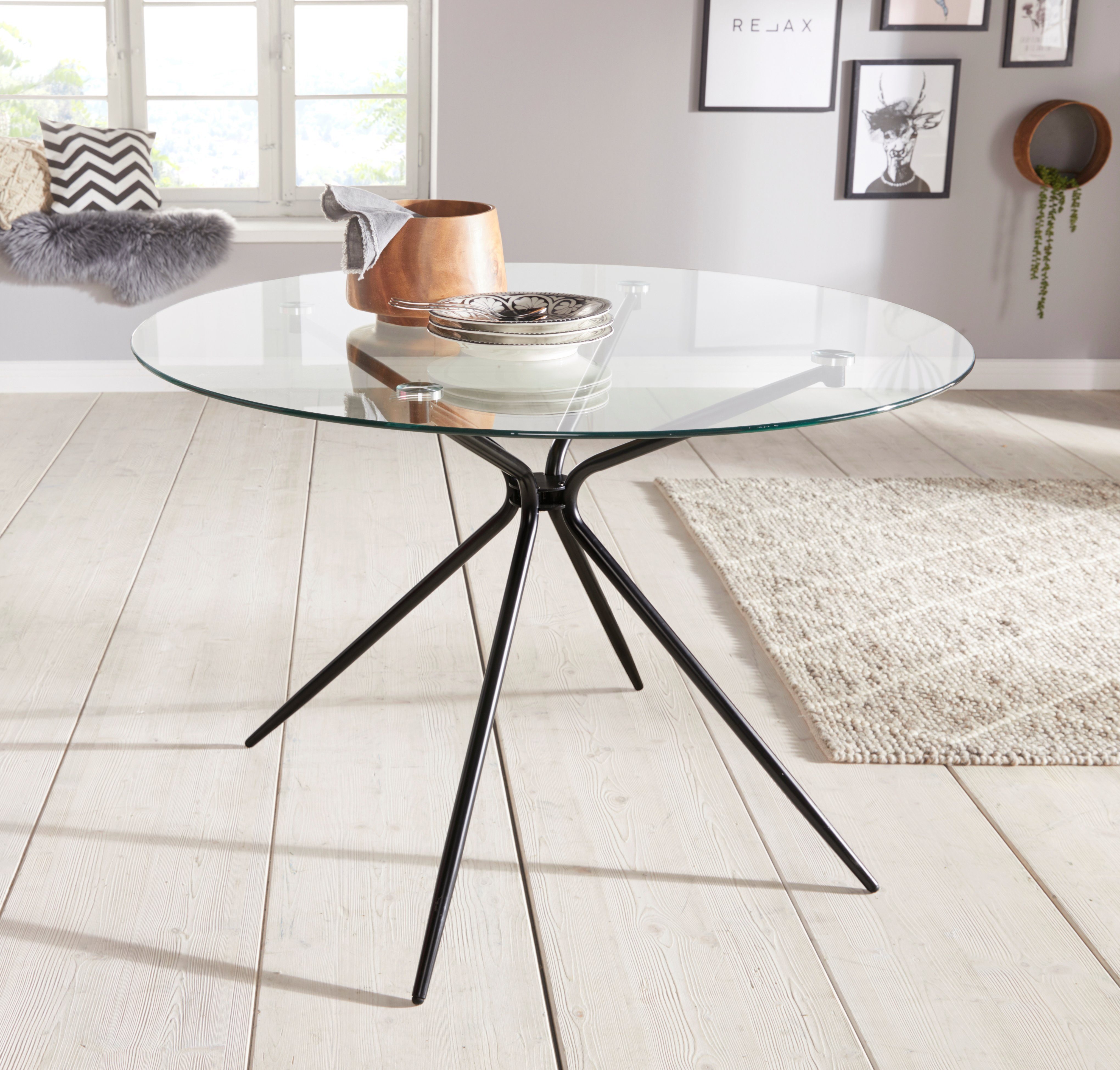INOSIGN Glastisch Silvi, rund, Ø 110 cm, schwarzes Metallgestell