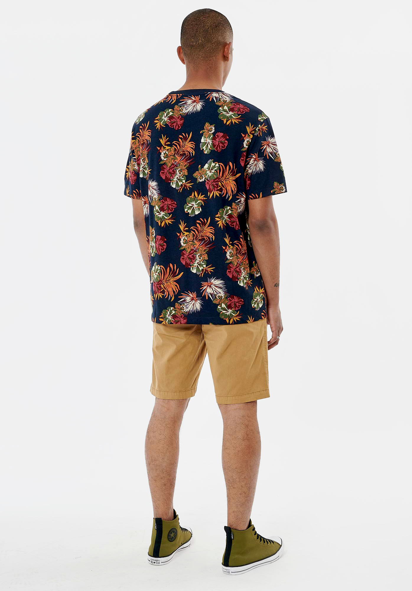 THIVU  T-shirt bleu marine fleuri homme 100% coton