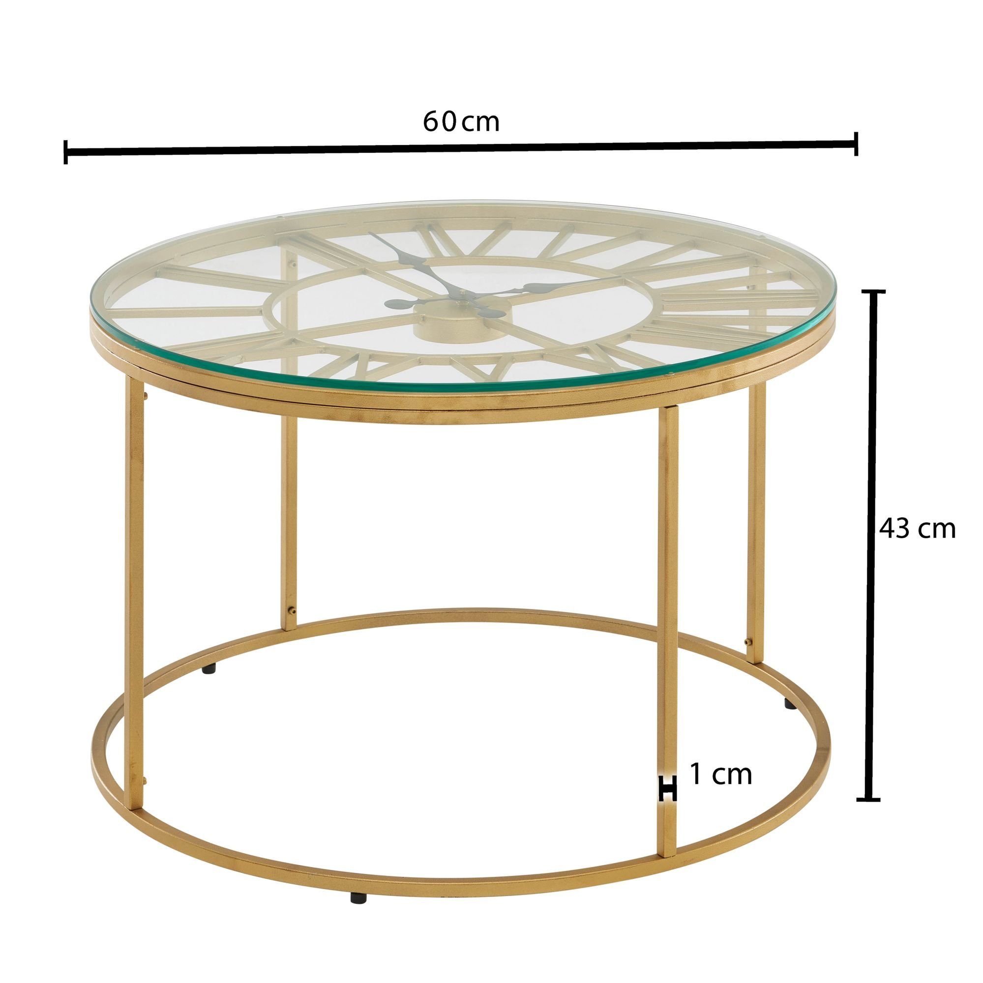 FINEBUY Couchtisch FB41455 (60x60x43 cm Gold, Sofatisch Metall mit Deko-Uhr), Wohnzimmertisch Rund, Beistelltisch Wohnzimmer