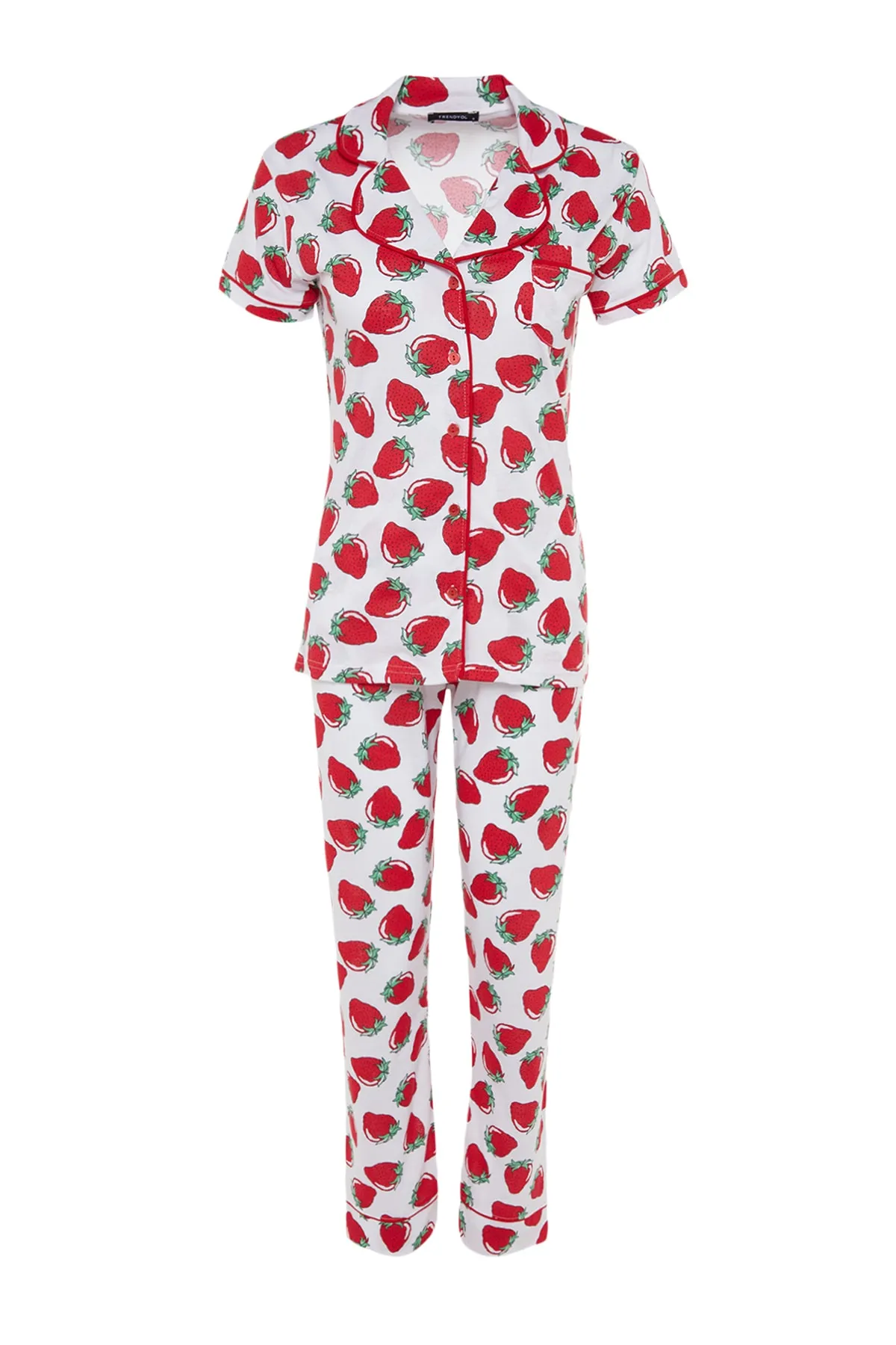 Trendyol Collection  Weißes Pyjama-Set aus Strick mit Erdbeermuster und Paspelierung THMSS21PT0784
