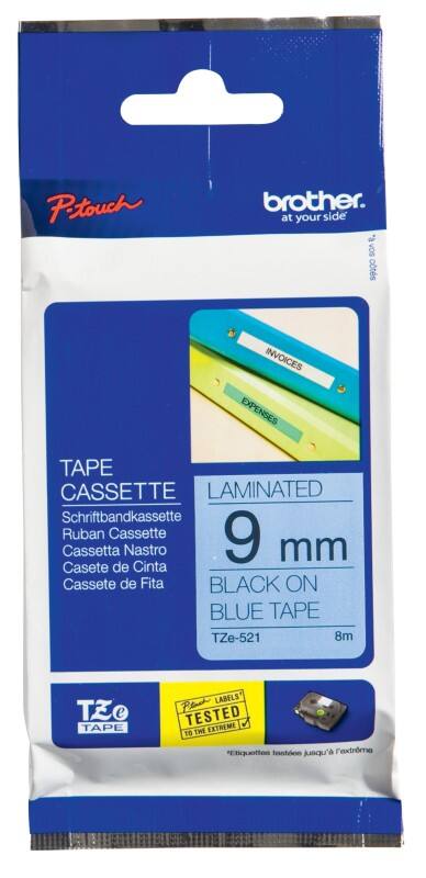 Brother TZe-521 Authentic Schriftband Selbstklebend Schwarzer Druck auf Blau 9 mm x 8m
