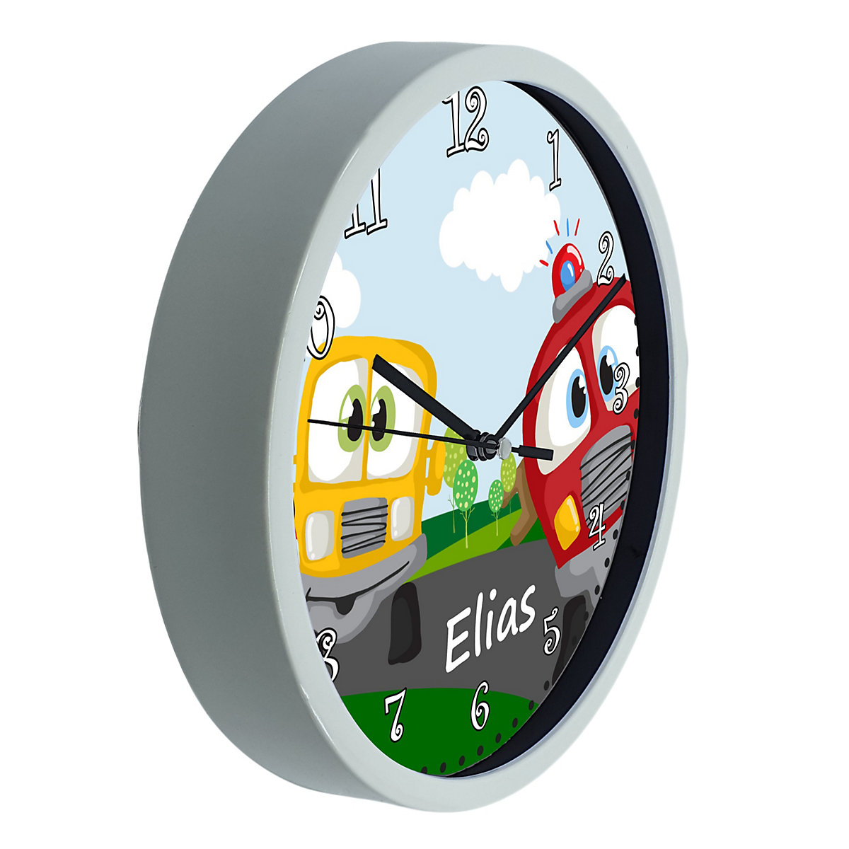 Kinder Wanduhr personalisiert mit Name Auto-Cartoon