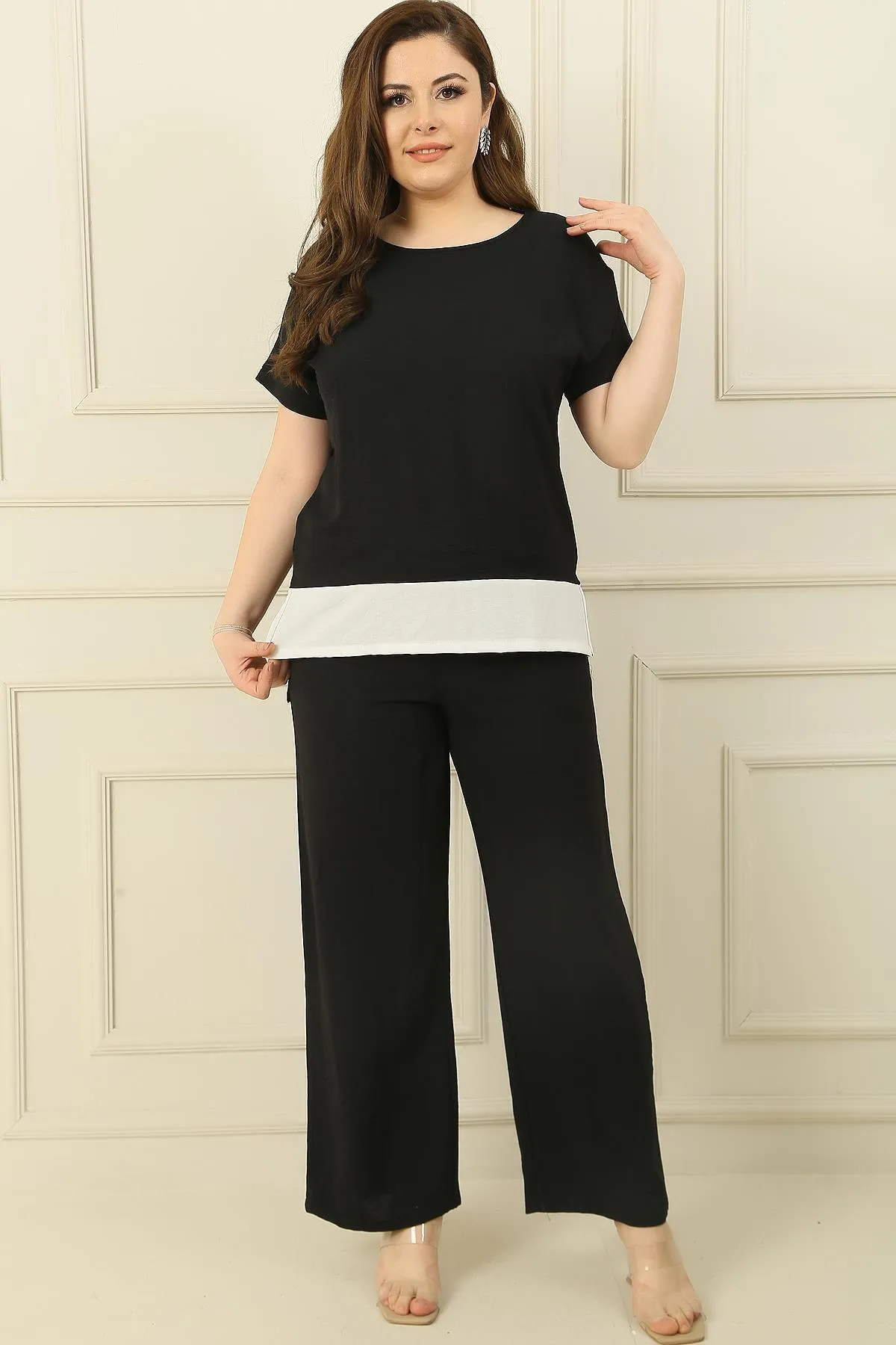 By Saygı  Verzierte Bluse vorne, elastische Taille, Tasche, Palazzo-Hose, Ayrobin, großes 2-teiliges Set