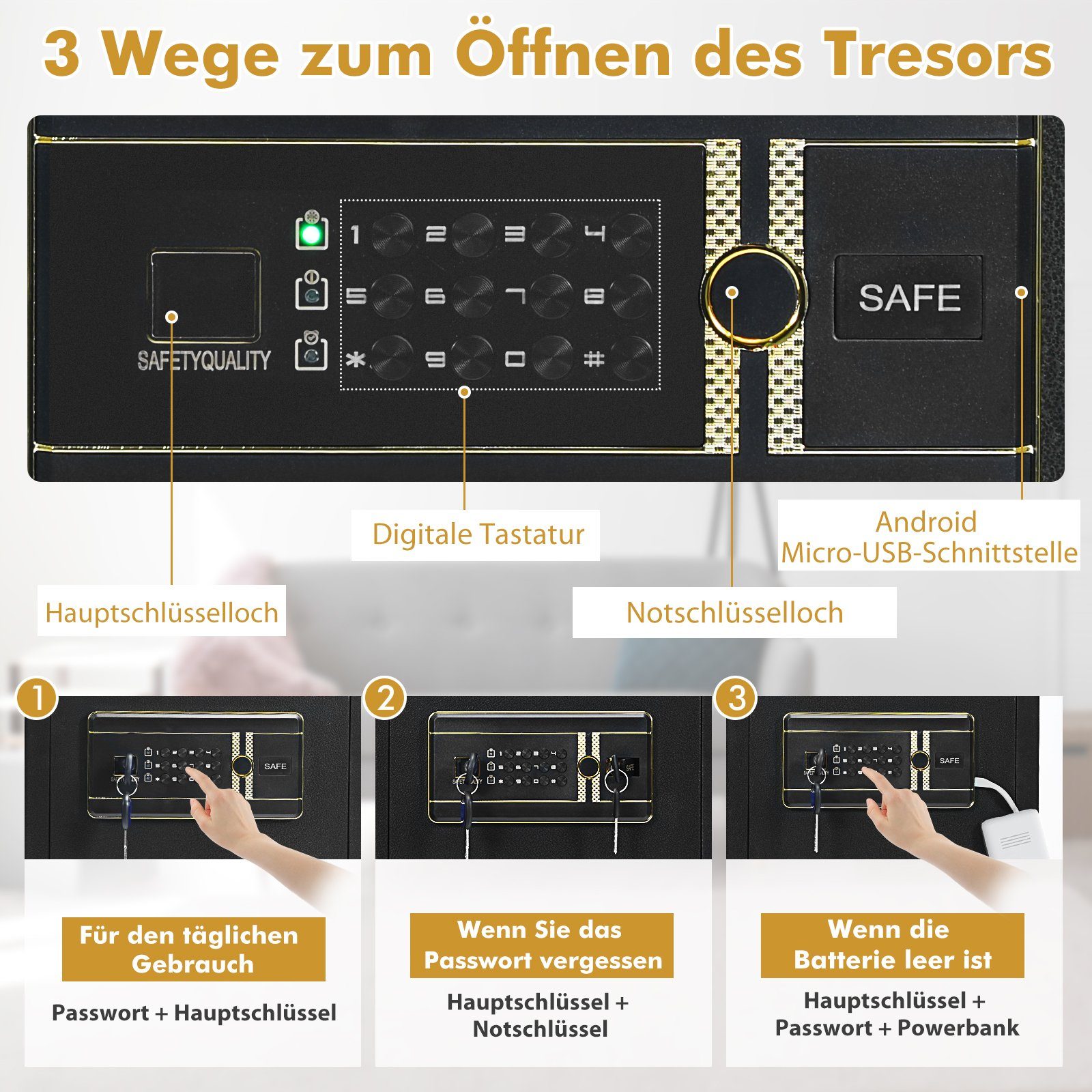 COSTWAY Tresor, 45L, mit abnehmbarem Regal & Alarmsystem, 2 Schlüsseln