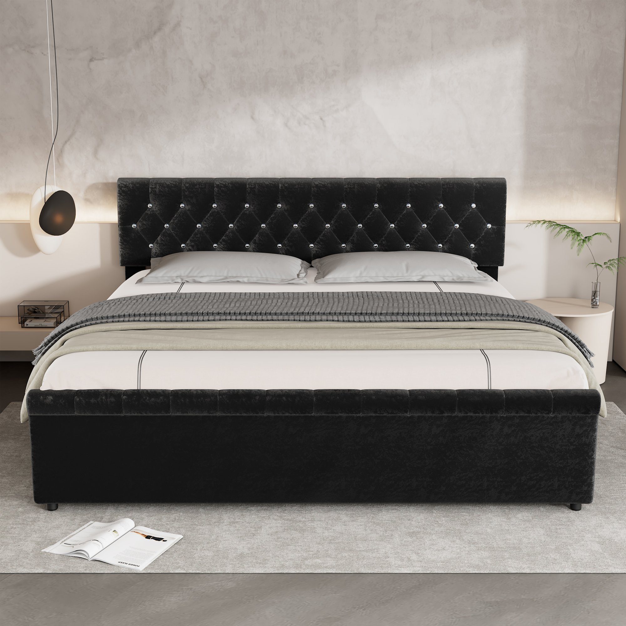 OKWISH Polsterbett Jugendzimmer (mit Lattenrost und Rückenlehne, Doppelbett mit 2 Schublade, Kopfteil mit diamantförmigen Zugpunkten Schlittenform), Einfache Montage, Schneeflocken-Vlies, schwarz