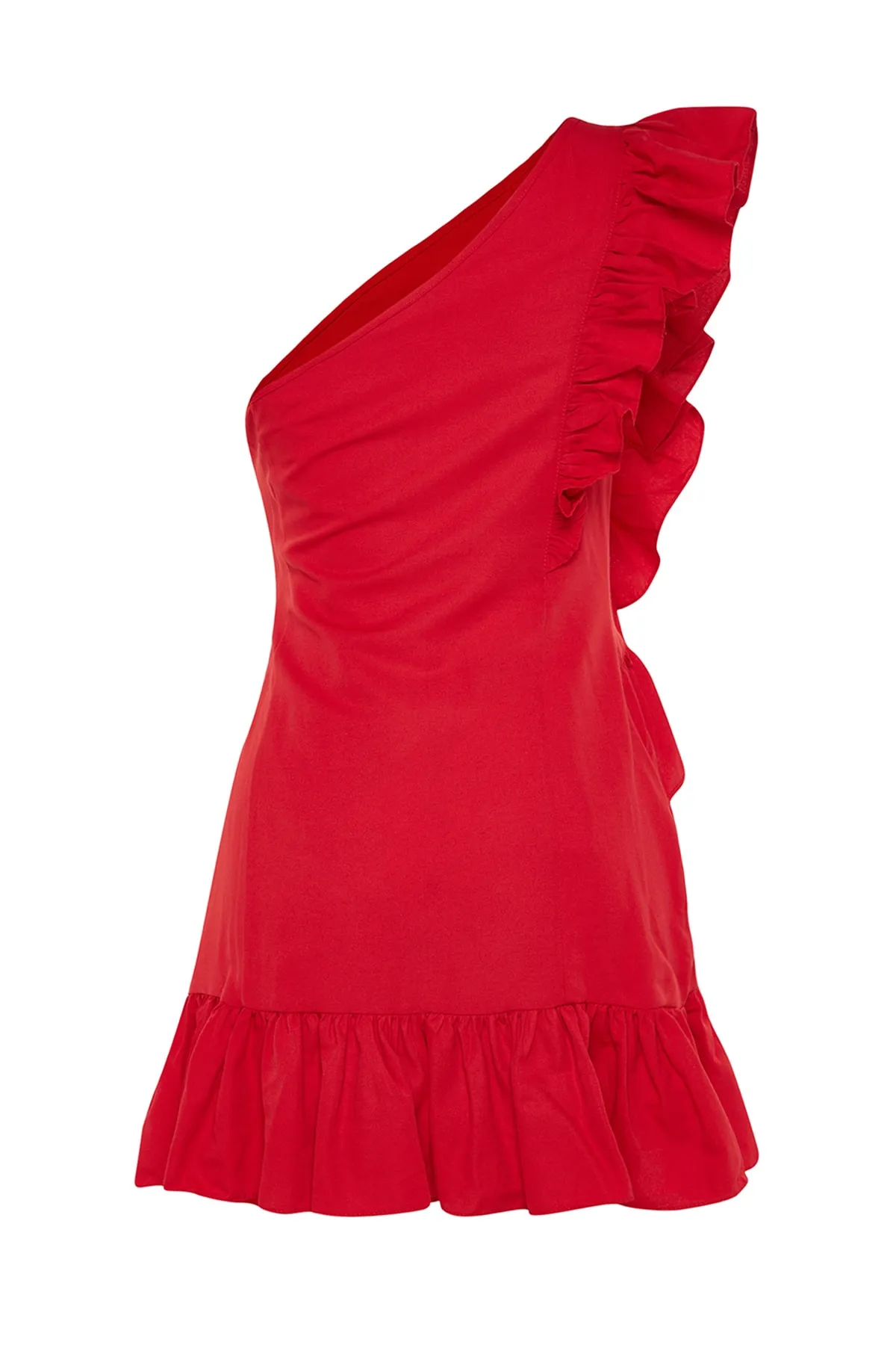 Trendyol Collection  Rotes Popeline-Abendkleid mit offener Taille/Skater-Volant TPRSS23EL00427
