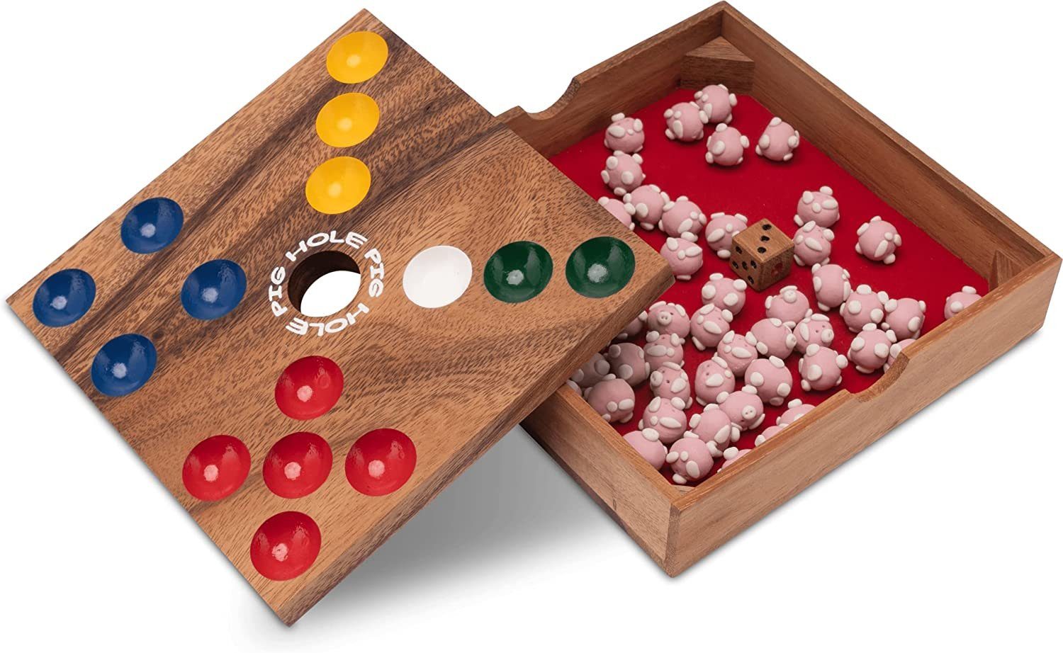 Logoplay Holzspiele Spiel, Pig Hole für 2 bis 6 Spieler - Spielfeld 18 x 18 cm - inkl. 60 Schweinchen Holzspielzeug