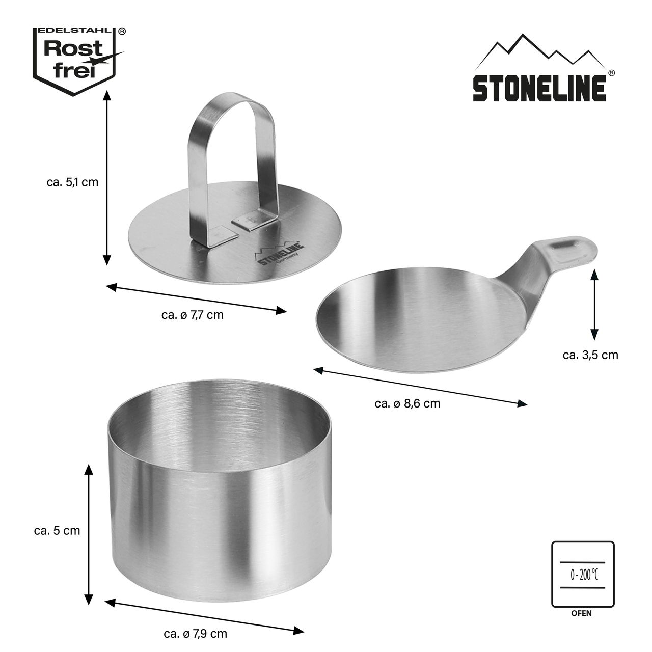 STONELINE® Dessert- und Speiseringe Set, 8-teilig, Edelstahl, 6 Ringe, 1 Heber, 1 Stempel, Lebensmittel Presse
