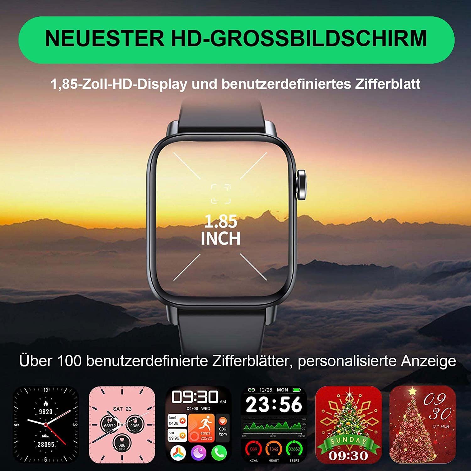 Manike QS108 Smartwatch (4,3 cm/1,69'' HD Voll Touchscreen Zoll) Spar - set, Smartwatch mit deutscher Bedienungsanleitung mit Ladekabel, Herzfrequenzmesser, Analyse von EKG-Daten, Blutdruckmessgerät