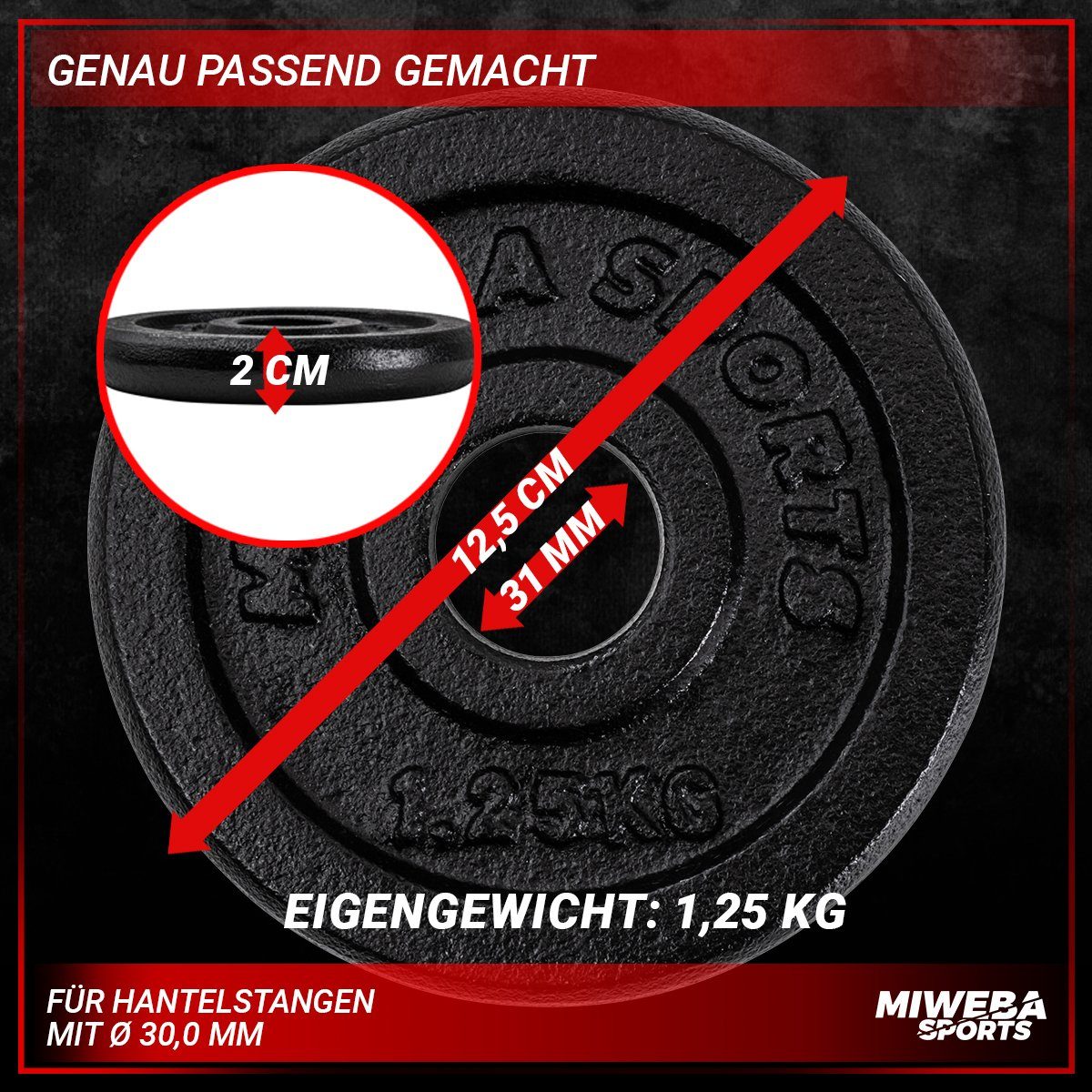 Miweba Sports Hantelscheibe Profi Gusseisen Hantelscheiben HSG - 1.25 - 10 kg, 5 kg, (4er-Set, Hantelscheibenset, Hantel Gewichte Set, Gewicht Scheiben, Muskelaufbau, Workout, Training, Ganzkörpertraining, 4-tlg., 4 x 1.25 kg, Ø 30mm, Gusseisen, 12.5