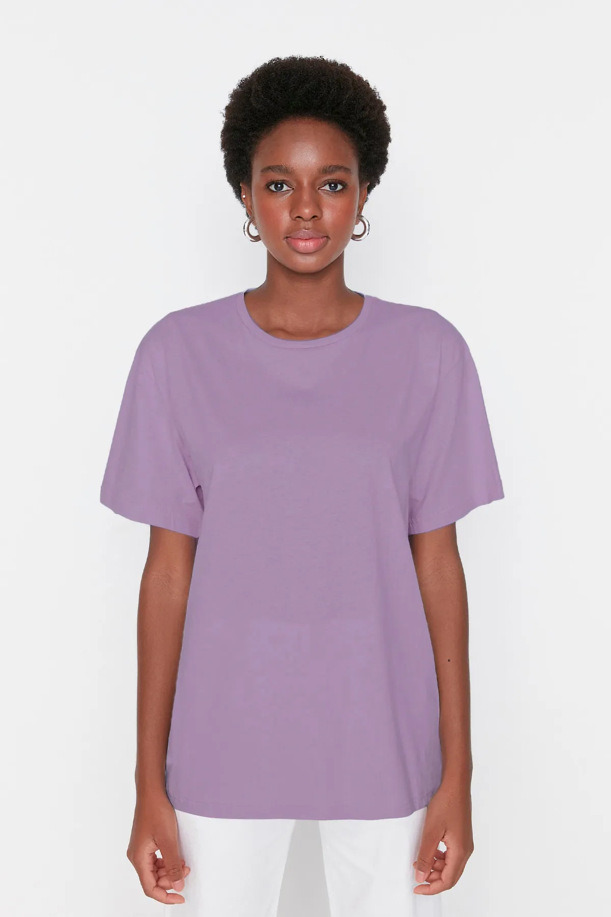 Trendyol Collection  Lila, 100 % Baumwolle, Oversize/Weitform, Rundhals-Strick-T-Shirt TWOSS20TS0134