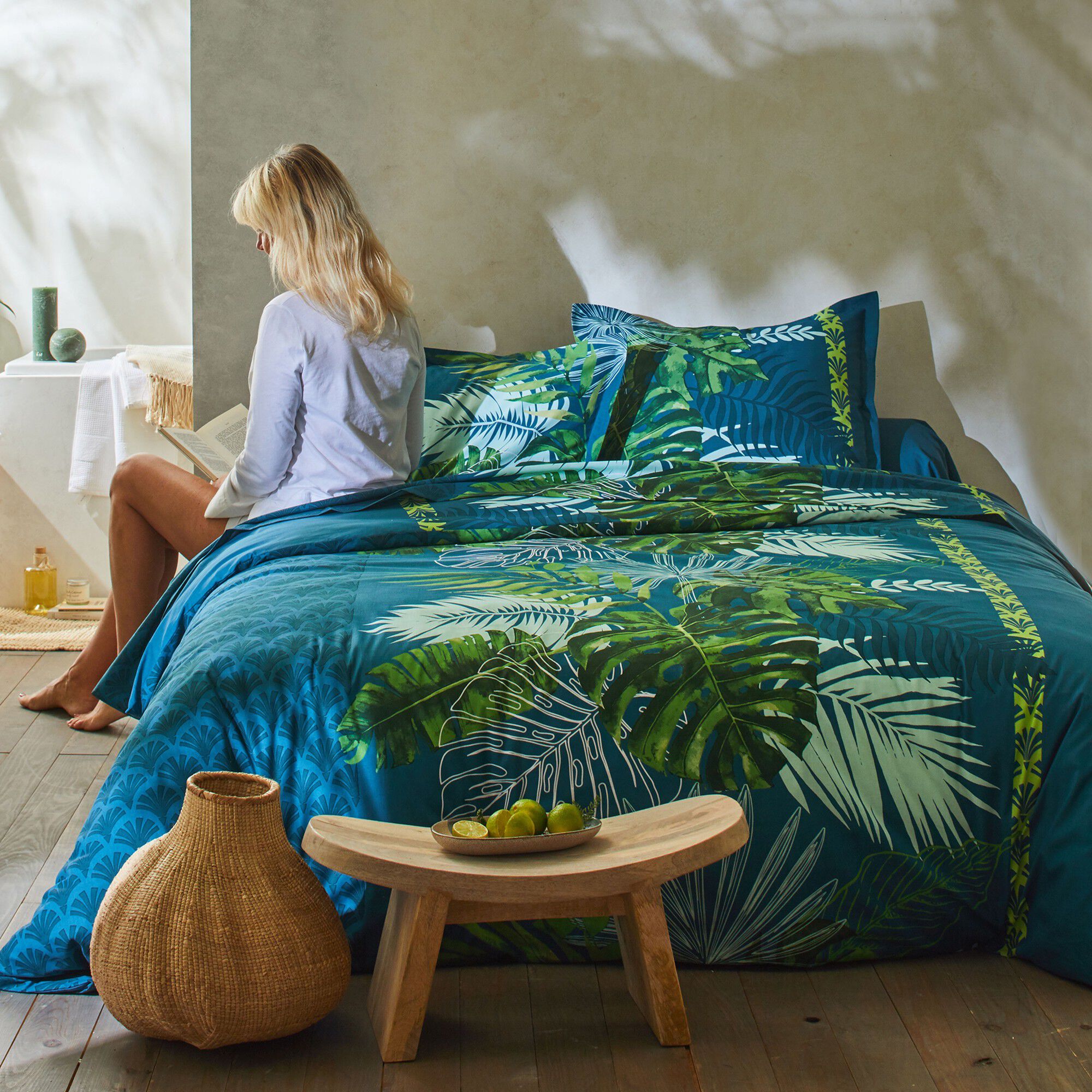 Linge de lit Cayenne en coton imprimé feuilles de palmiers