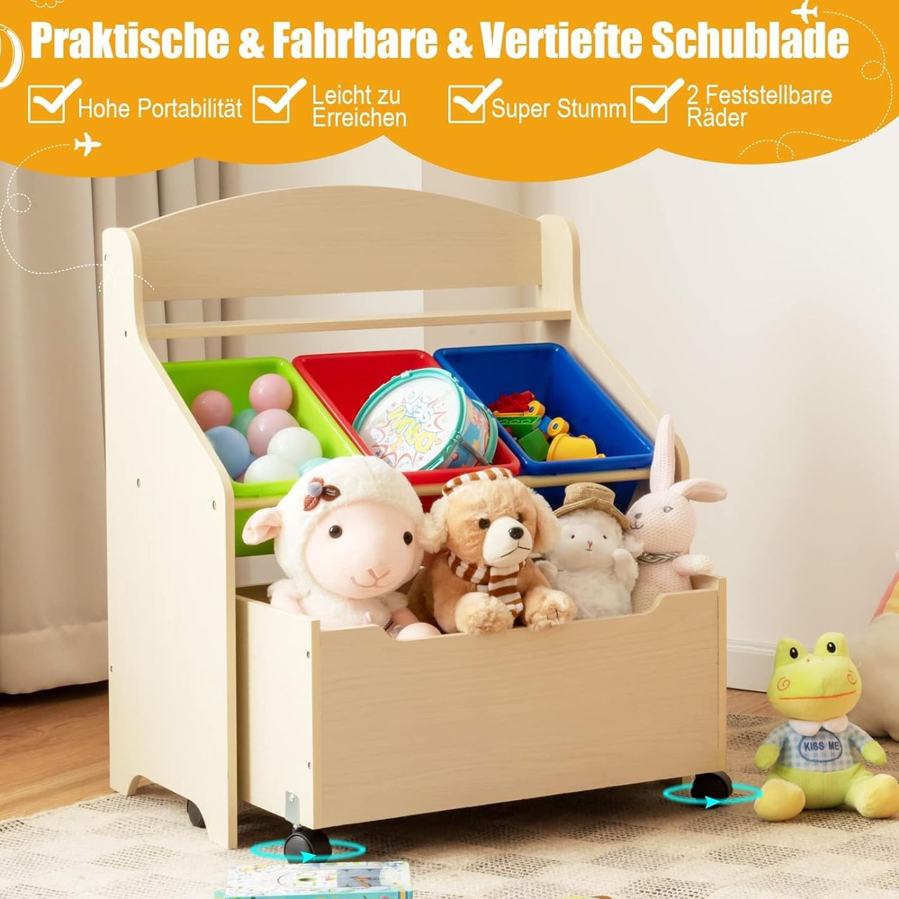 Costway Spielzeugregal mit rollbarem Fach