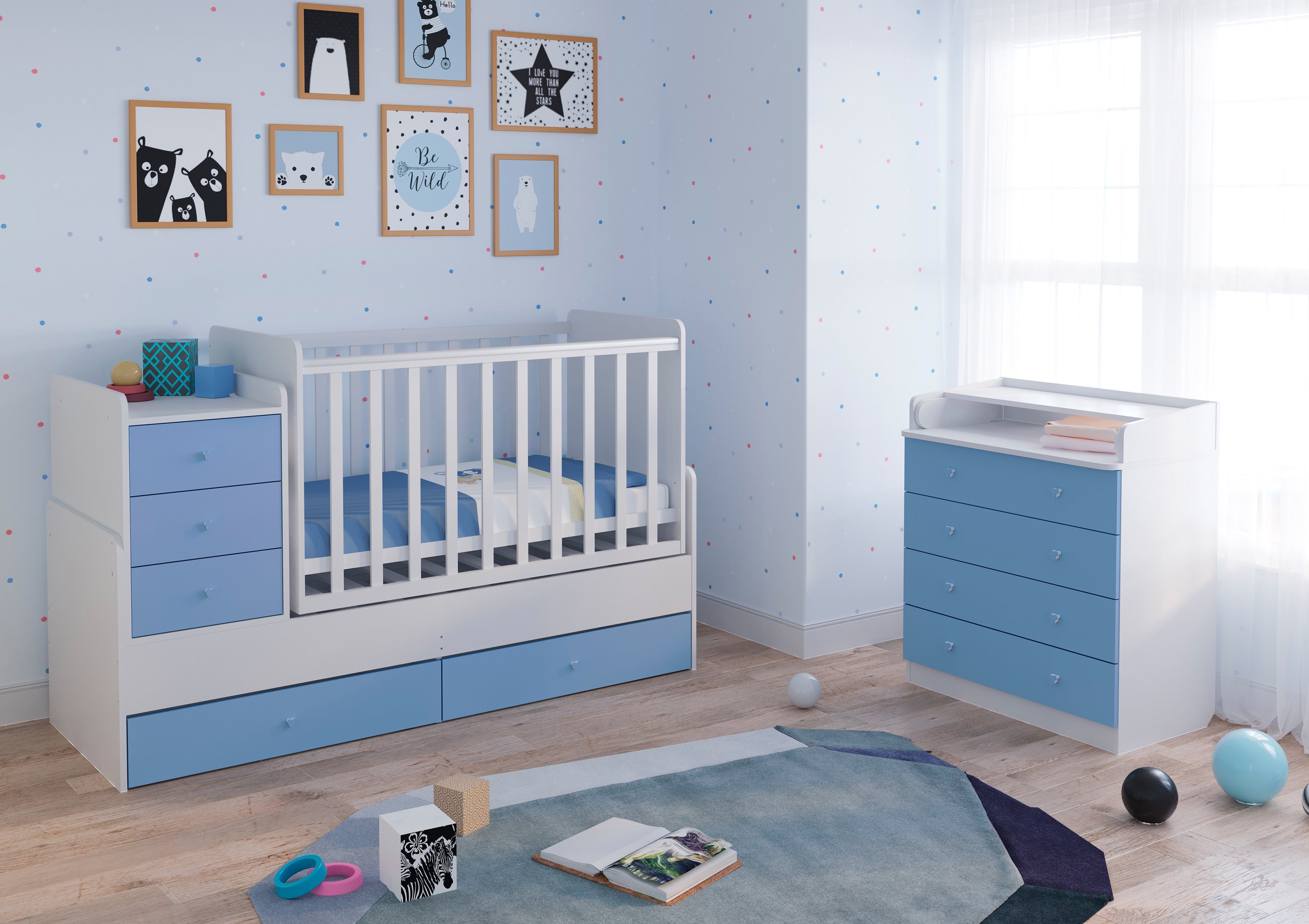 Polini kids Wickelkommode Simple 1580, weiß/blau, mit aufklappbarem Wickelaufsatz