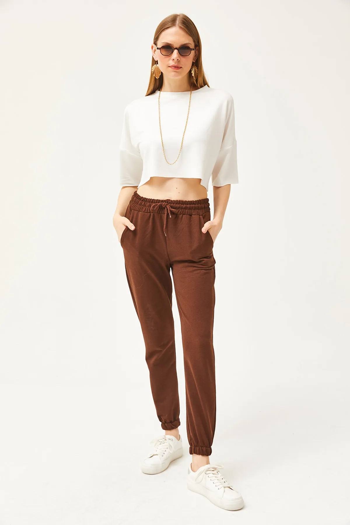 Olalook  Bitter Brown Damen-Jogginghose mit Taschen und elastischem Bund EŞF-00000066