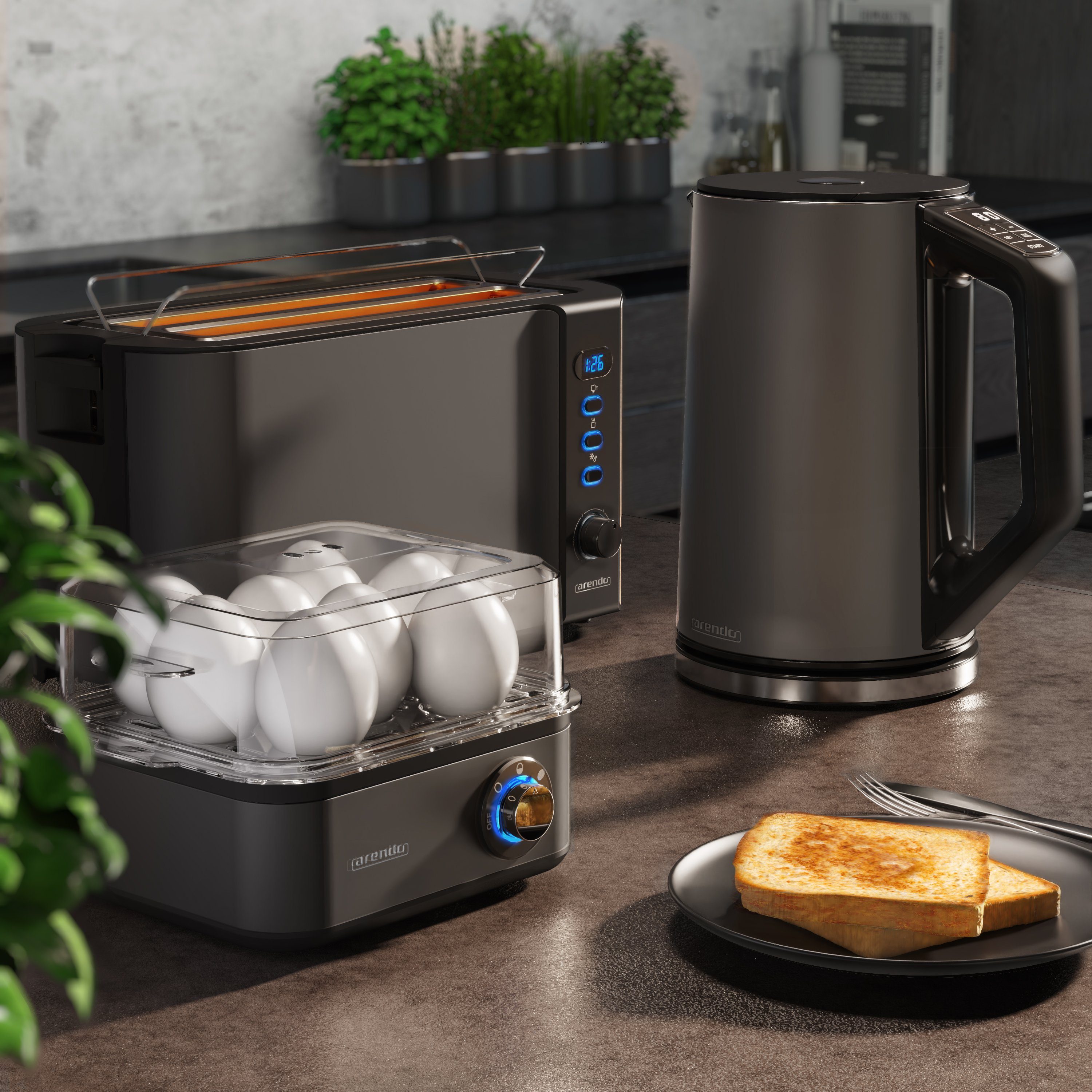 Arendo Frühstücks-Set (3-tlg), Wasserkocher 1,5l, 4-Scheiben Toaster, 8er Eierkocher, Grau