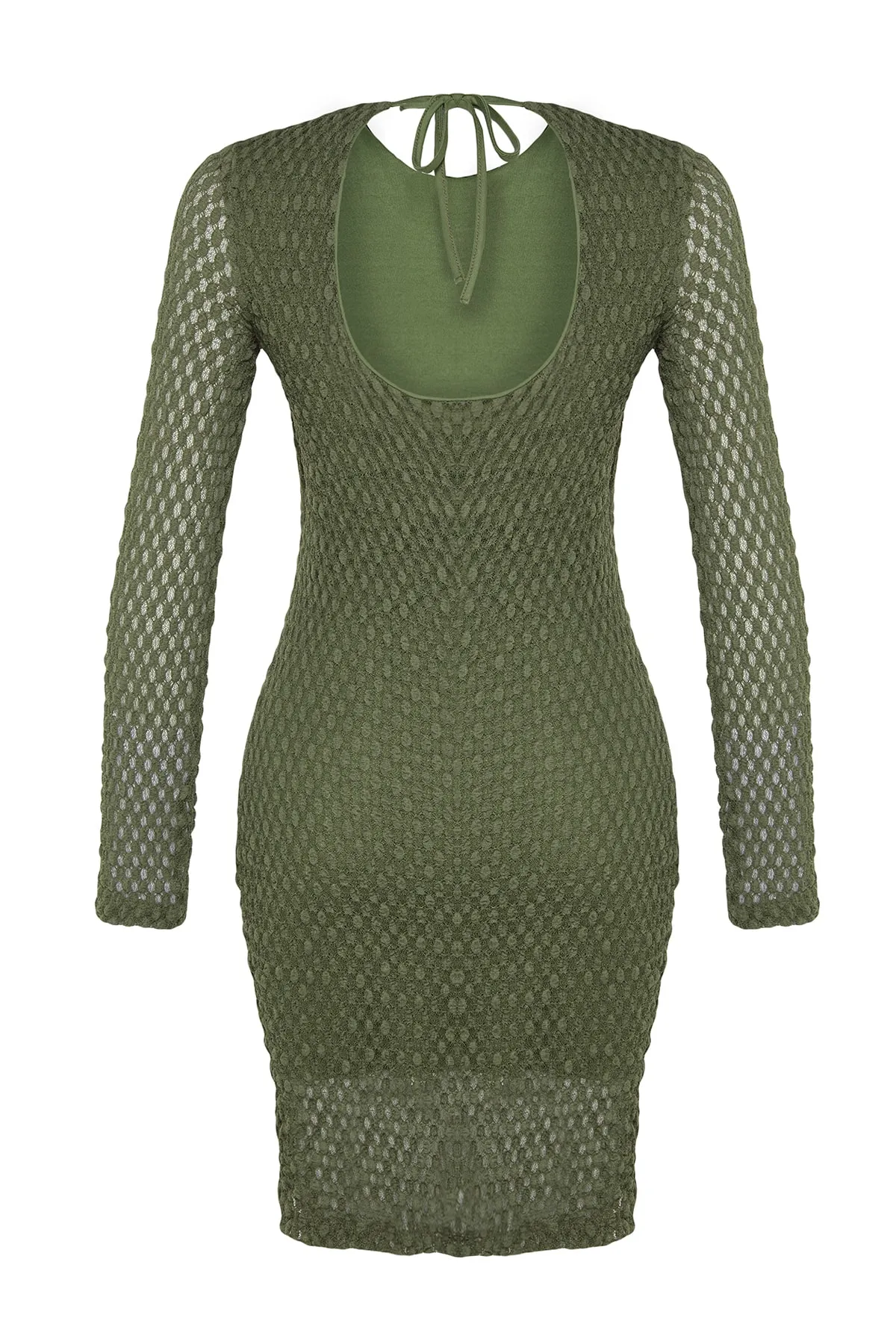 Trendyol Collection  Khakifarbenes, strukturiertes Mini-Strickkleid mit Bindedetail am Rücken und langen Ärmeln, gefüttert TWOAW24EL00216