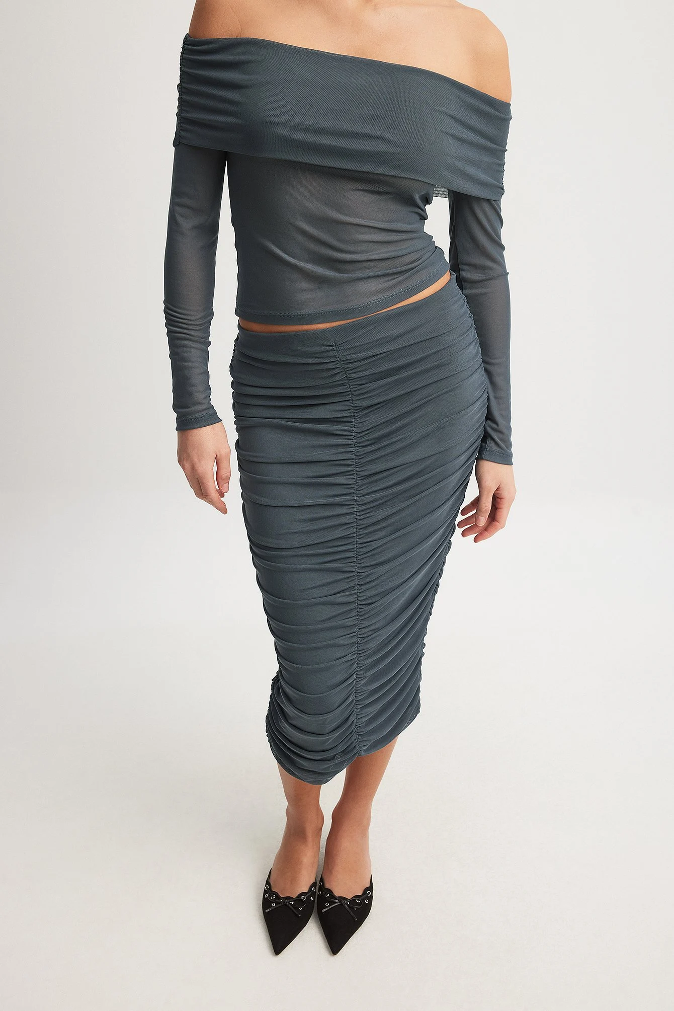 Rouched Mesh Midi Skirt
